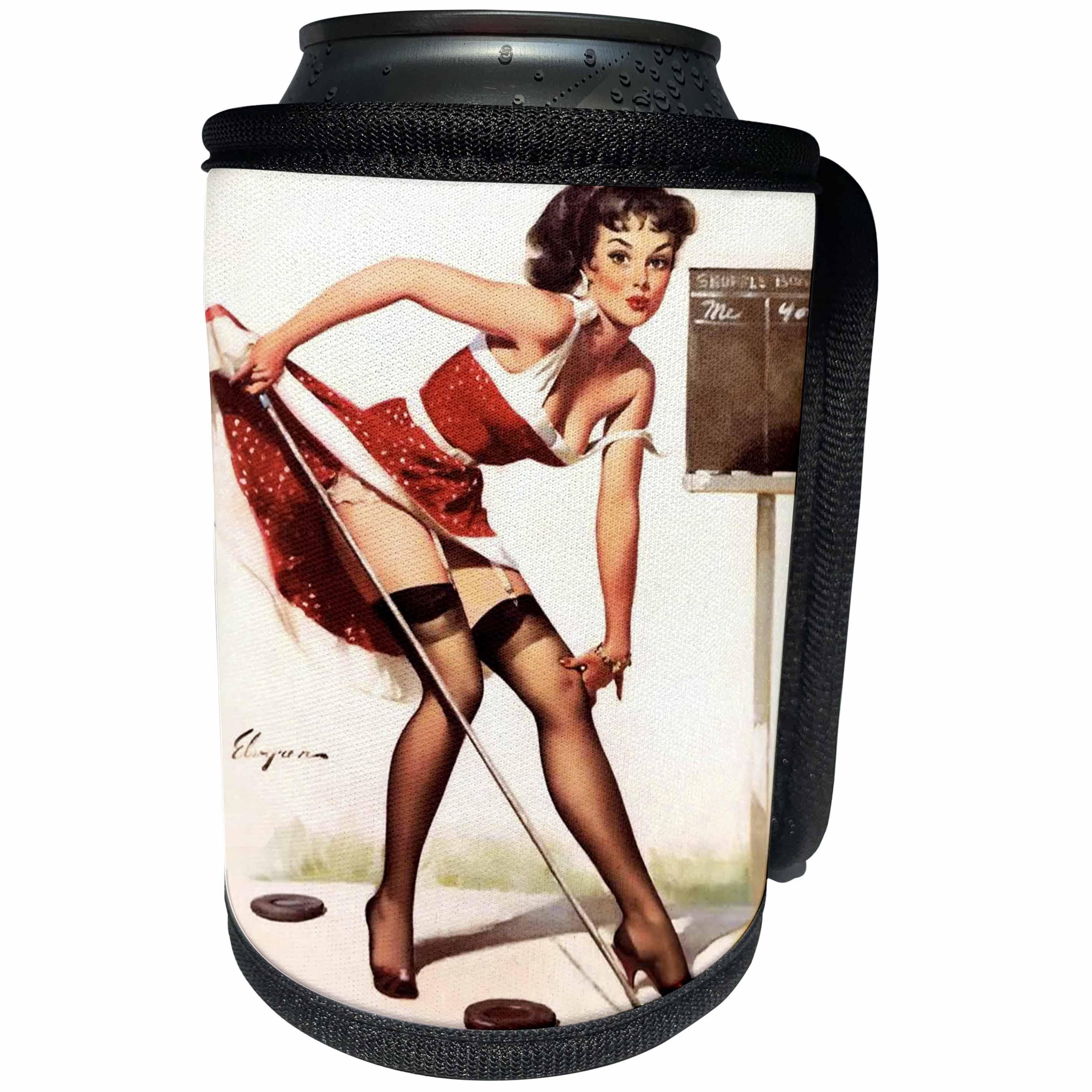 3dRose Florene - Retro Pinups - Print of Elvgren Pinup Playing Shuffleboard - Can Cooler Bottle Wrap (cc_204077)