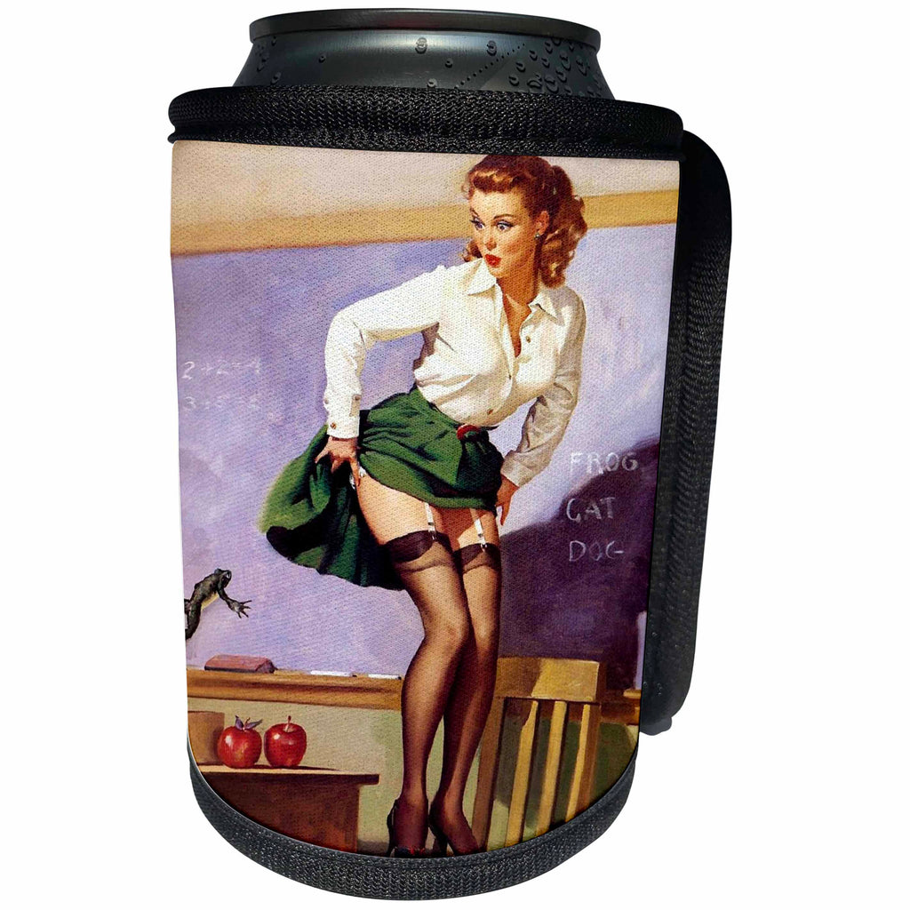 3dRose Florene - Retro Pinups - Print of Elvgren Pinup Teacher Jumps From Frog - Can Cooler Bottle Wrap (cc_204078)