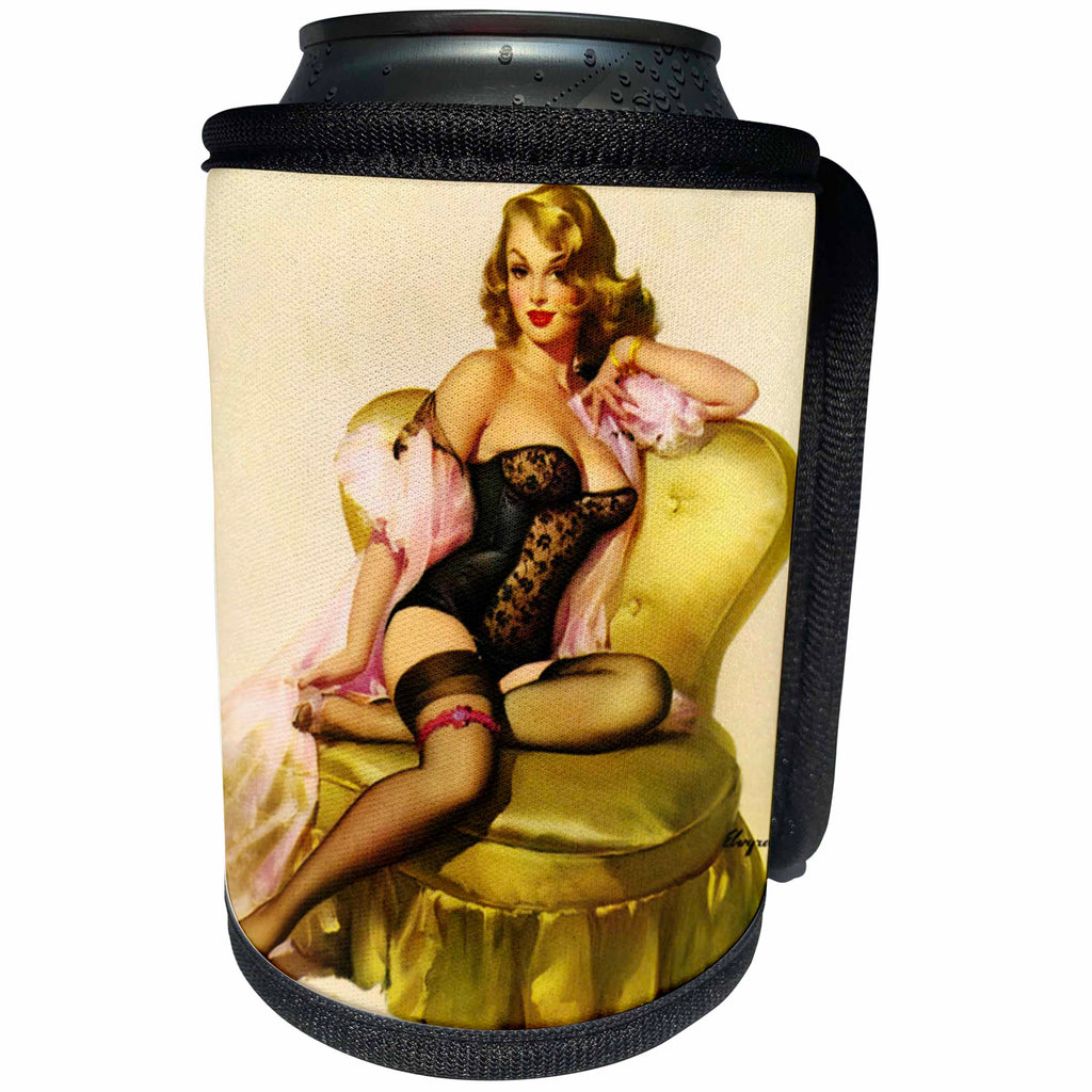 3dRose Florene - Retro Pinups - Print of Elvgren Pinup Waiting for You In Lingerie - Can Cooler Bottle Wrap (cc_204079)