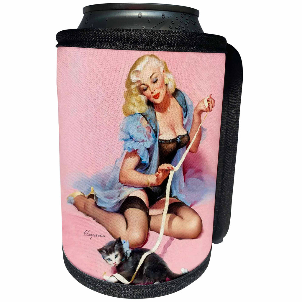 3dRose Florene - Retro Pinups - Print of Elvgren Pinup Playing With Kitten - Can Cooler Bottle Wrap (cc_204080)