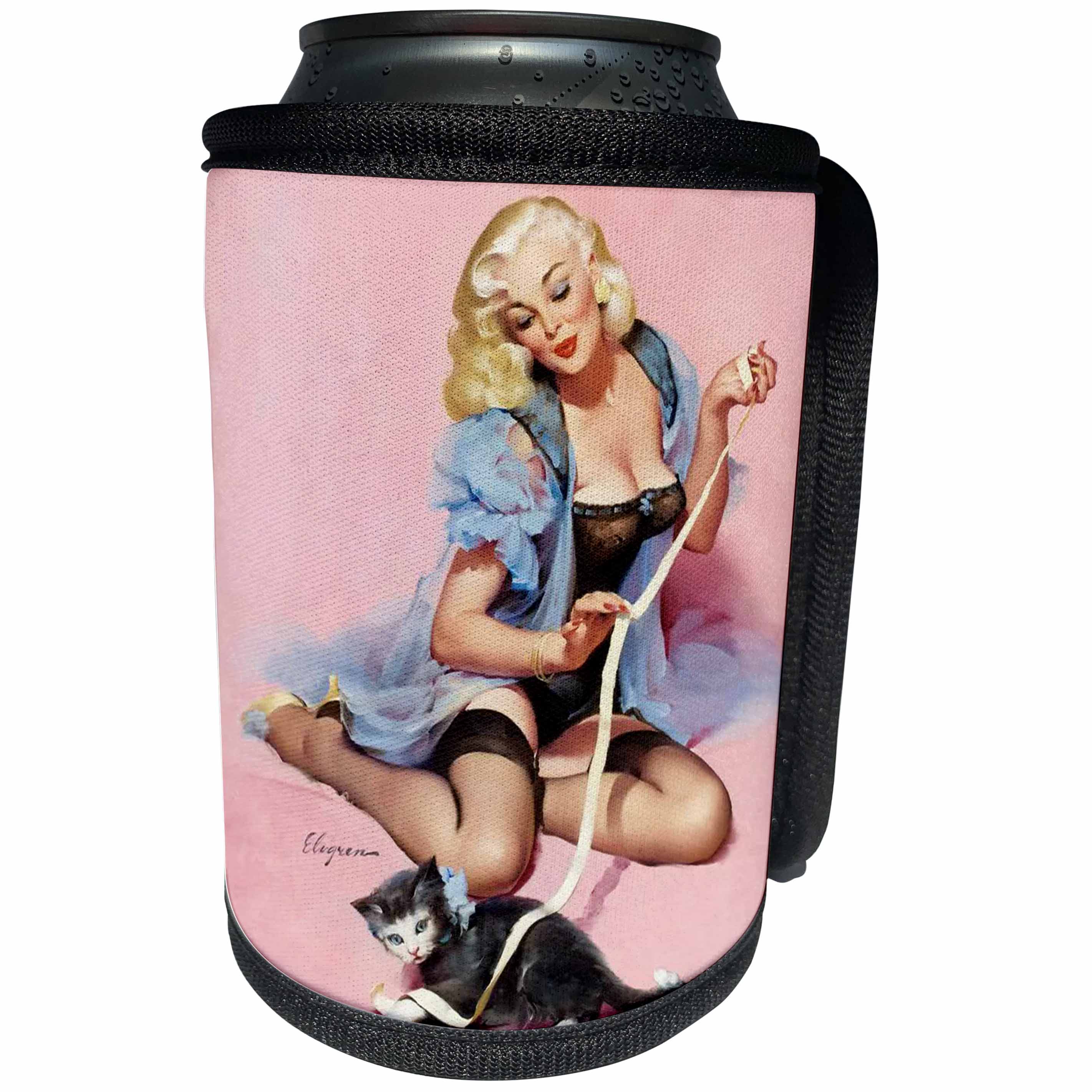 3dRose Florene - Retro Pinups - Print of Elvgren Pinup Playing With Kitten - Can Cooler Bottle Wrap (cc_204080)