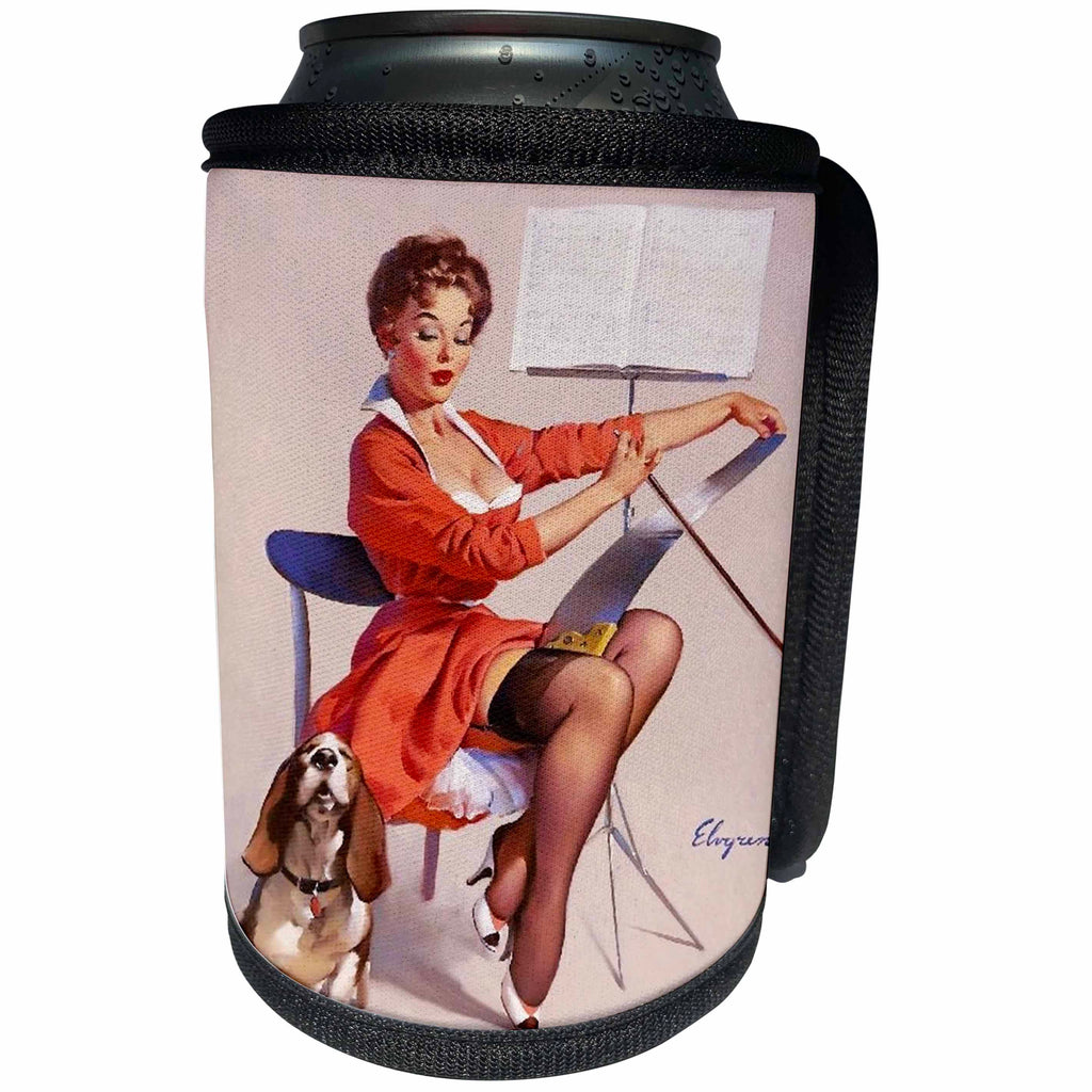 3dRose Florene - Retro Pinups - Print of Elvgren Pinup Plays While Dog Sings - Can Cooler Bottle Wrap (cc_204081)
