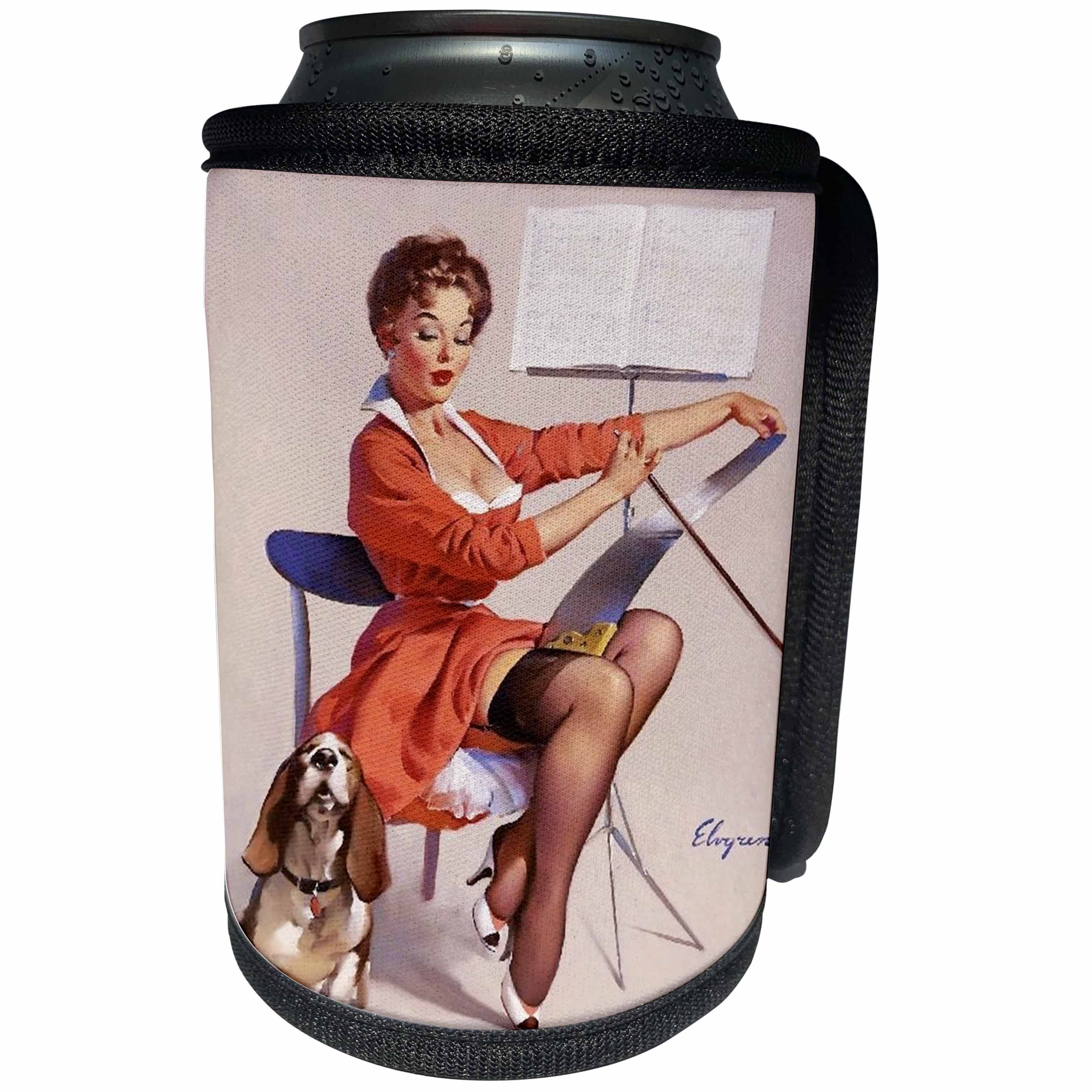 3dRose Florene - Retro Pinups - Print of Elvgren Pinup Plays While Dog Sings - Can Cooler Bottle Wrap (cc_204081)