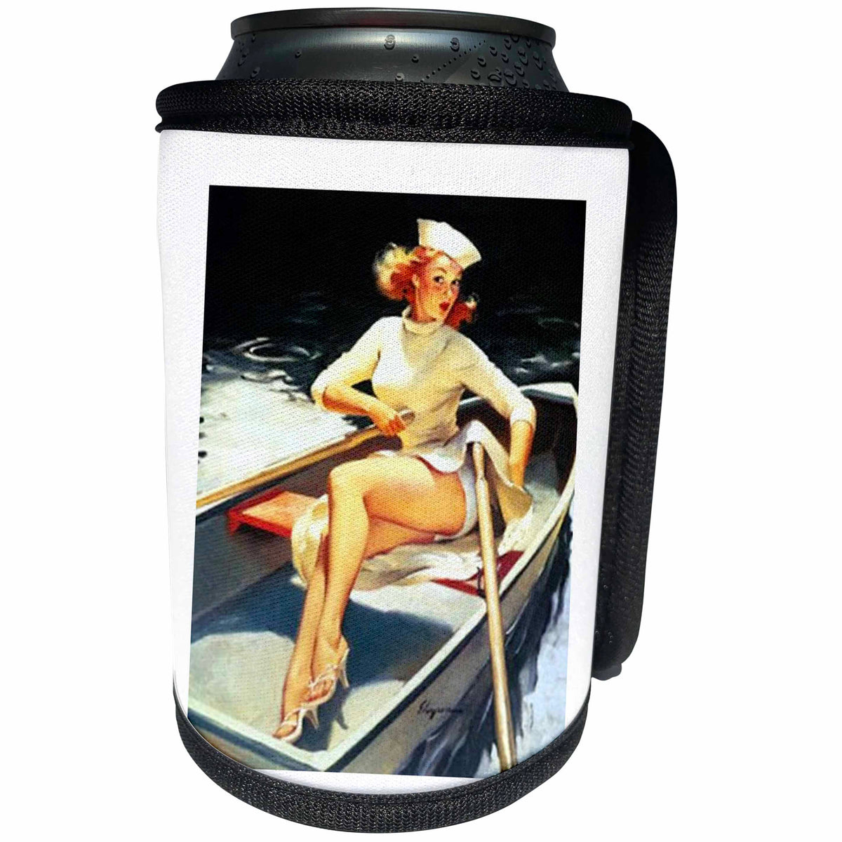 3dRose Florene - Retro Pinups - Print of Elvgren Pinup Hard To Handle Rowboat - Can Cooler Bottle Wrap (cc_204082)