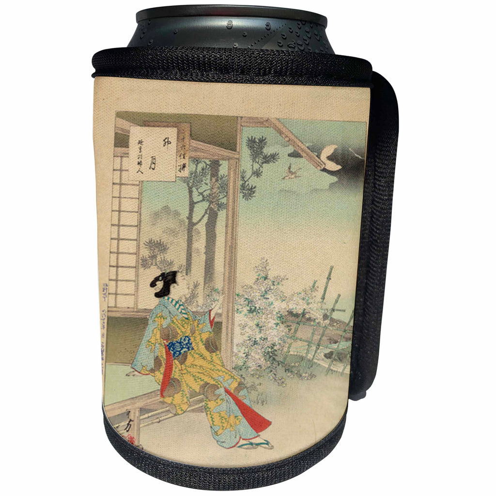3dRose Florene - Asian Art II - Print of Painting Enjoying the Evening With Outdoor Floral - Can Cooler Bottle Wrap (cc_204084)
