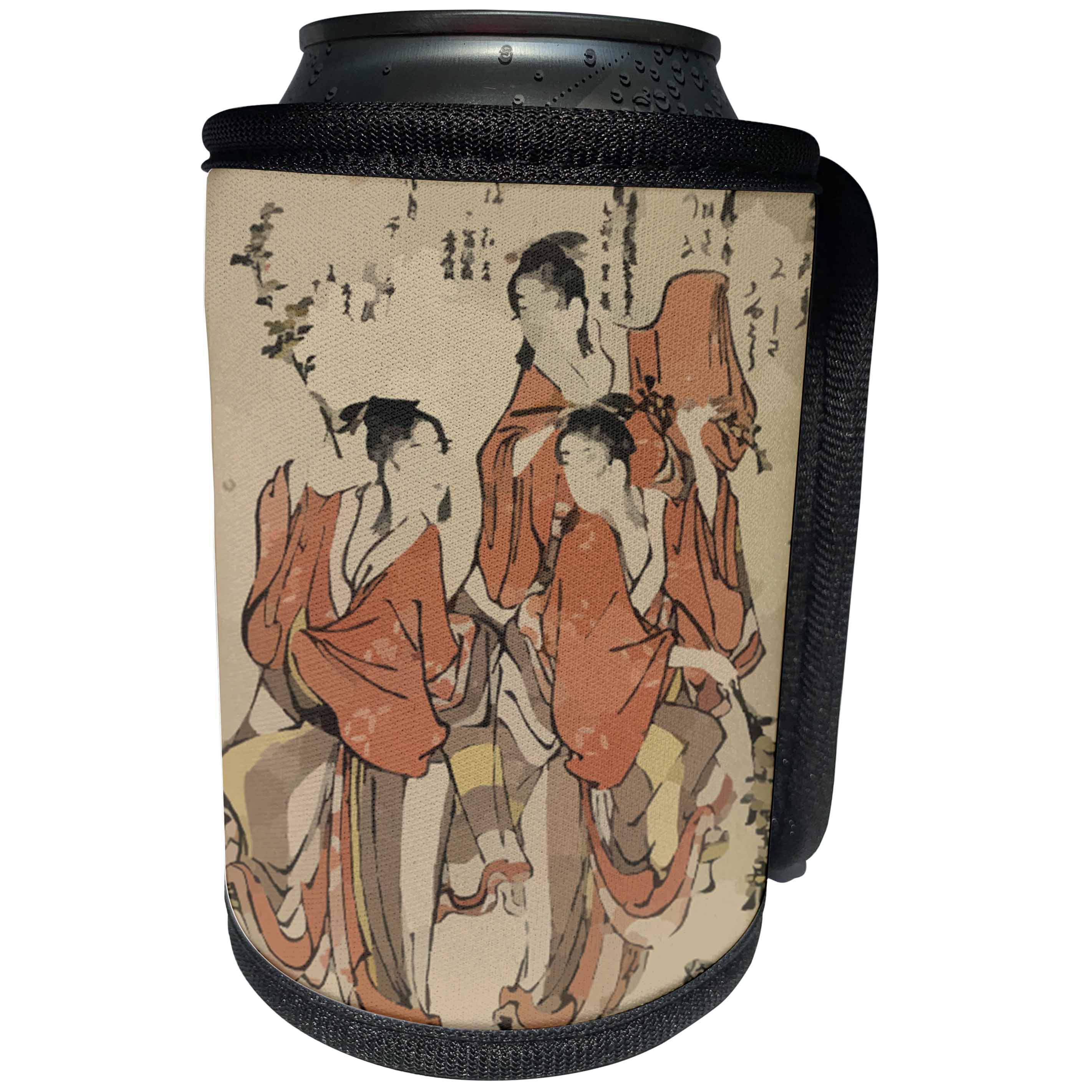 3dRose Florene - Asian Art II - Print of Ancient Woodcut Painting With Ladies Walking - Can Cooler Bottle Wrap (cc_204088)