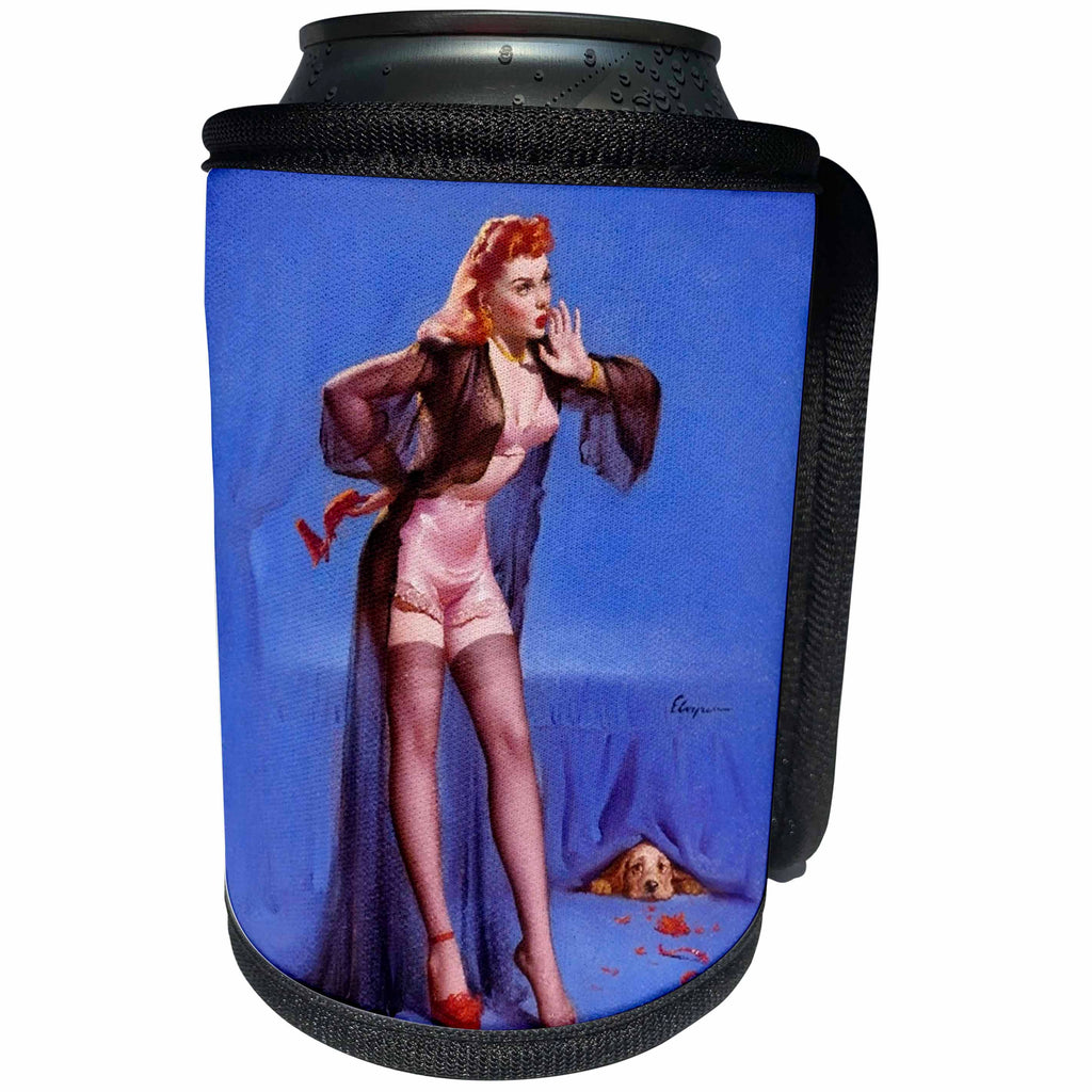 3dRose Florene - Retro Pinups - Print of Elvgren Pinup With Dog Hiding - Can Cooler Bottle Wrap (cc_204097)