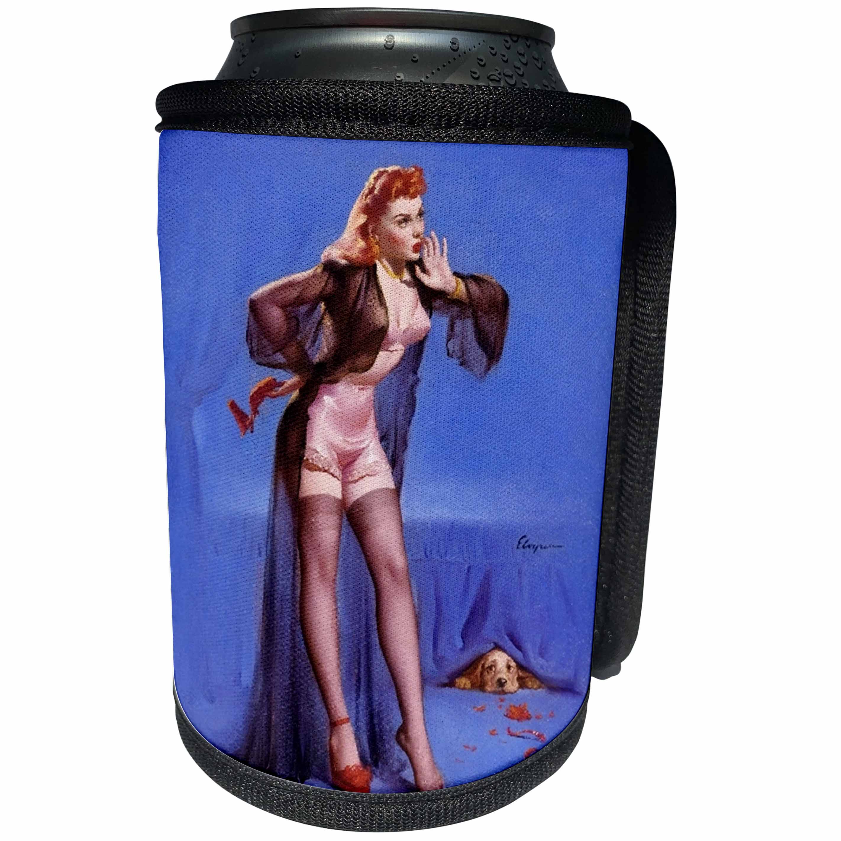 3dRose Florene - Retro Pinups - Print of Elvgren Pinup With Dog Hiding - Can Cooler Bottle Wrap (cc_204097)
