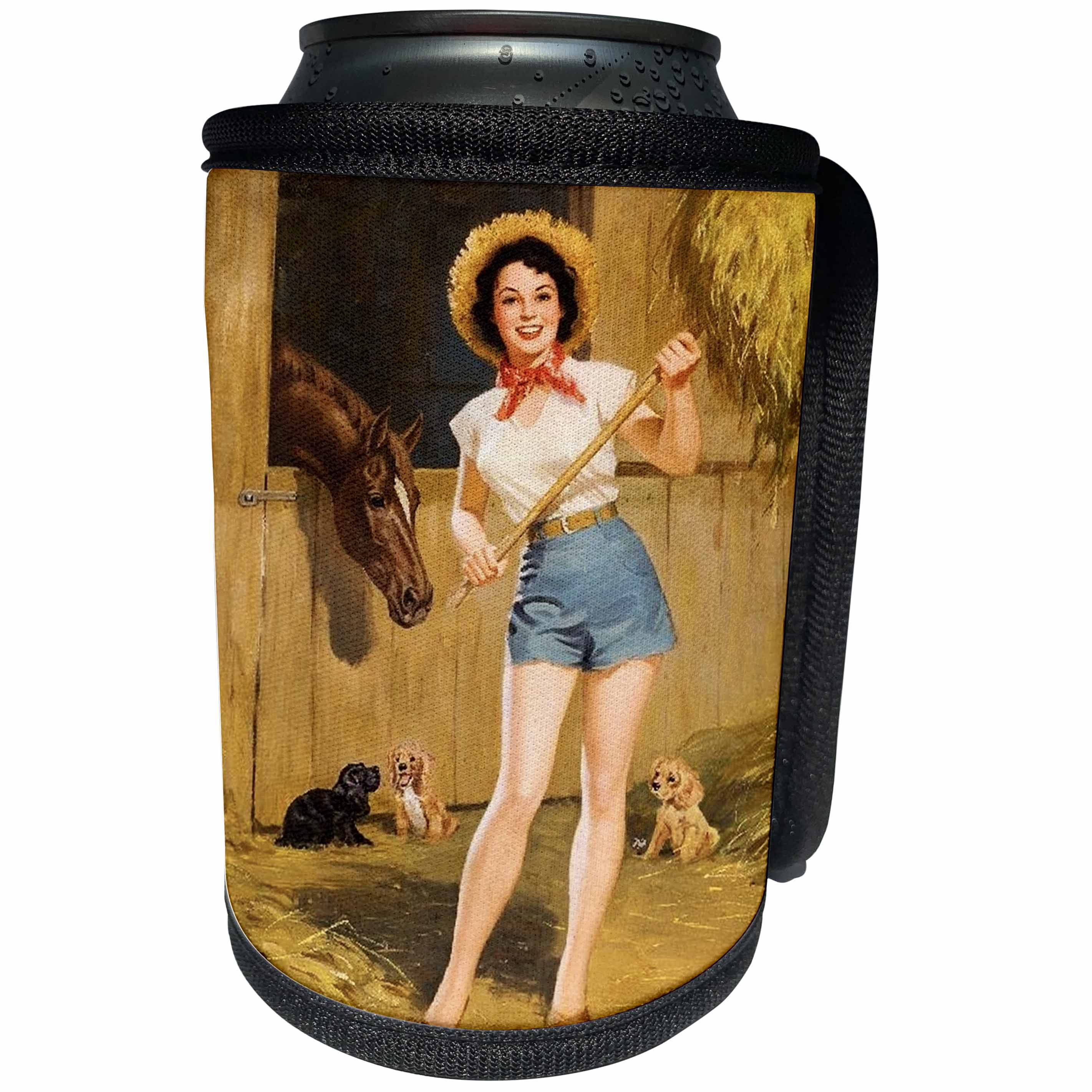 3dRose Florene - Retro Pinups - Print of Retro Pinup On The Farm With Horse And Puppies - Can Cooler Bottle Wrap (cc_204099)