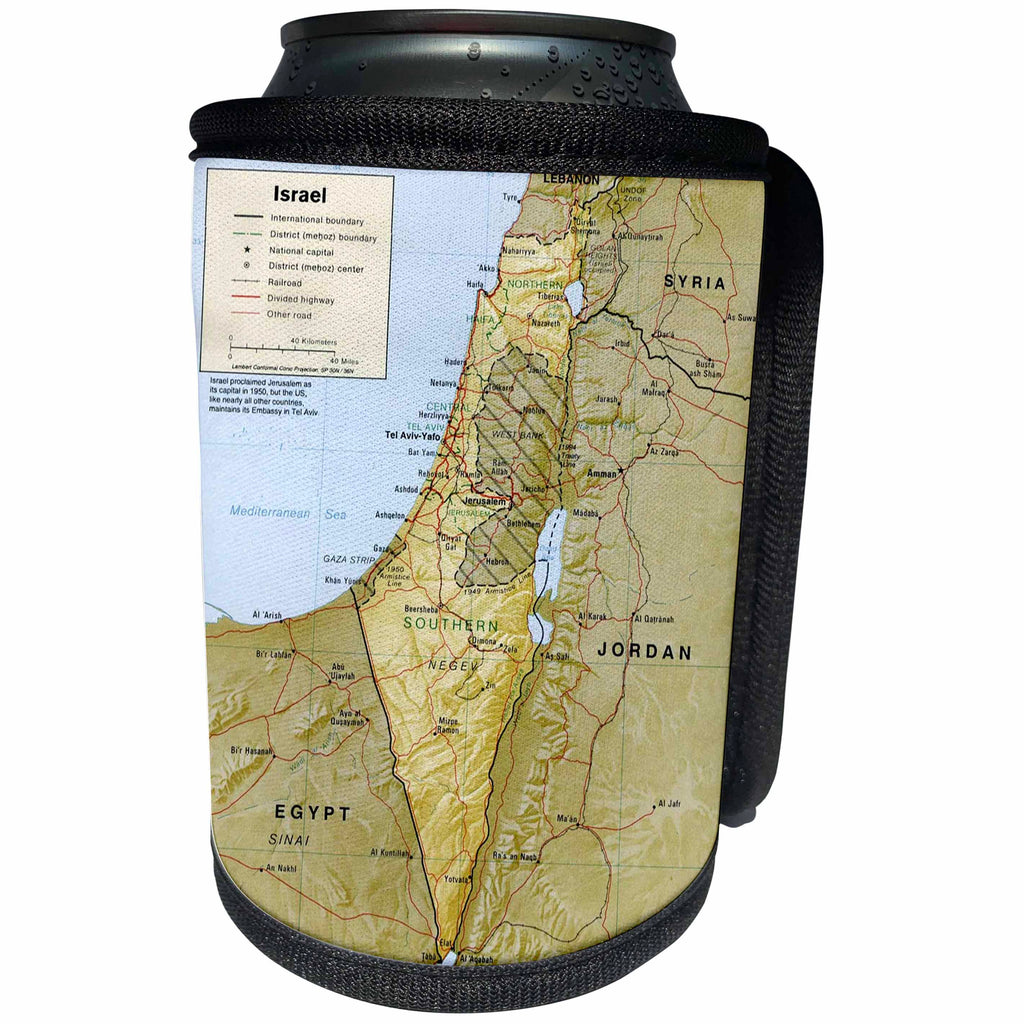 3dRose Florene - Jewish Themes - Print of Textured Look Topographic Israeli Map - Can Cooler Bottle Wrap (cc_204108)