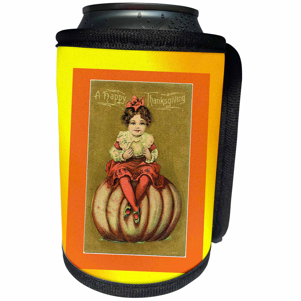 3dRose Florene - Vintage Holidays - Print of Little Girl On Pumpkin With Happy Thanksgiving - Can Cooler Bottle Wrap (cc_204113)