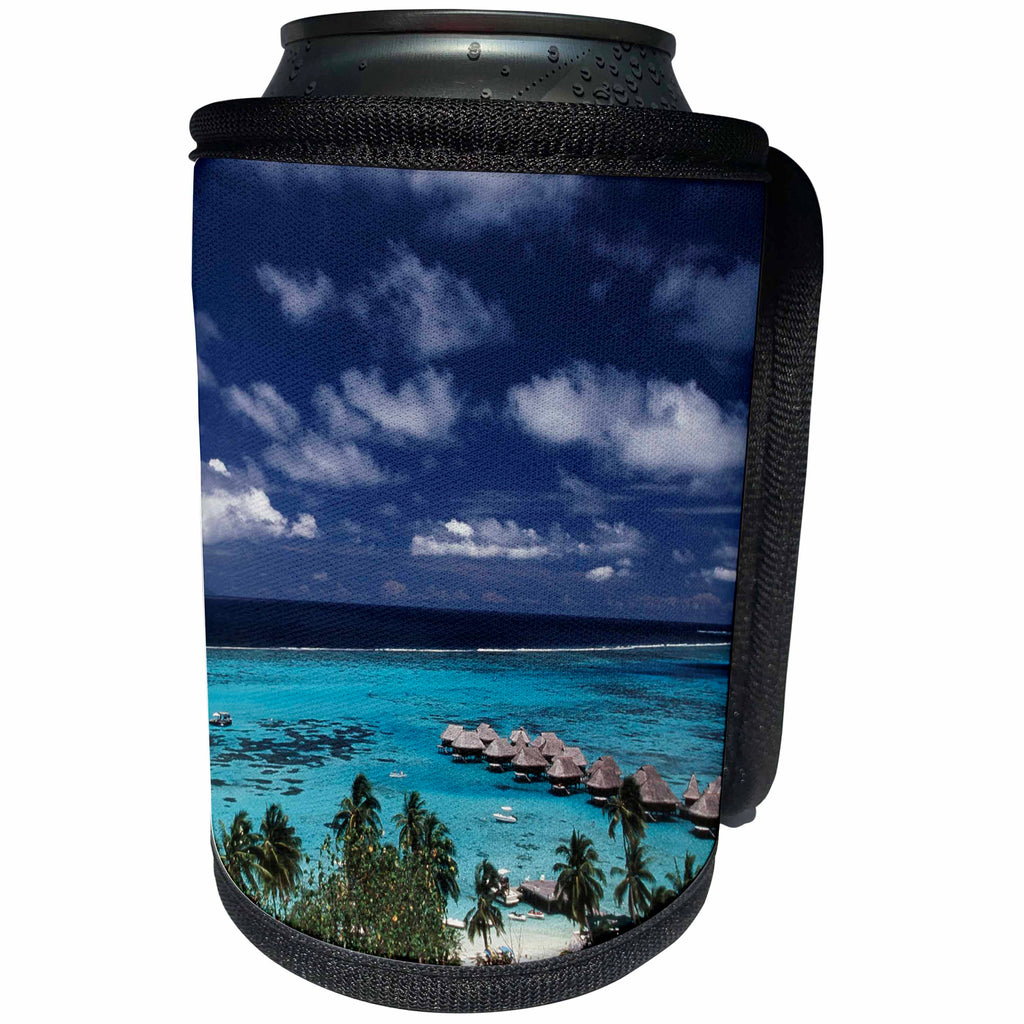 3dRose Danita Delimont - Oceans - French Polynesia, Moorea, Baie De Vaiare. sea and Stilt Hut. - Can Cooler Bottle Wrap (cc_205828)