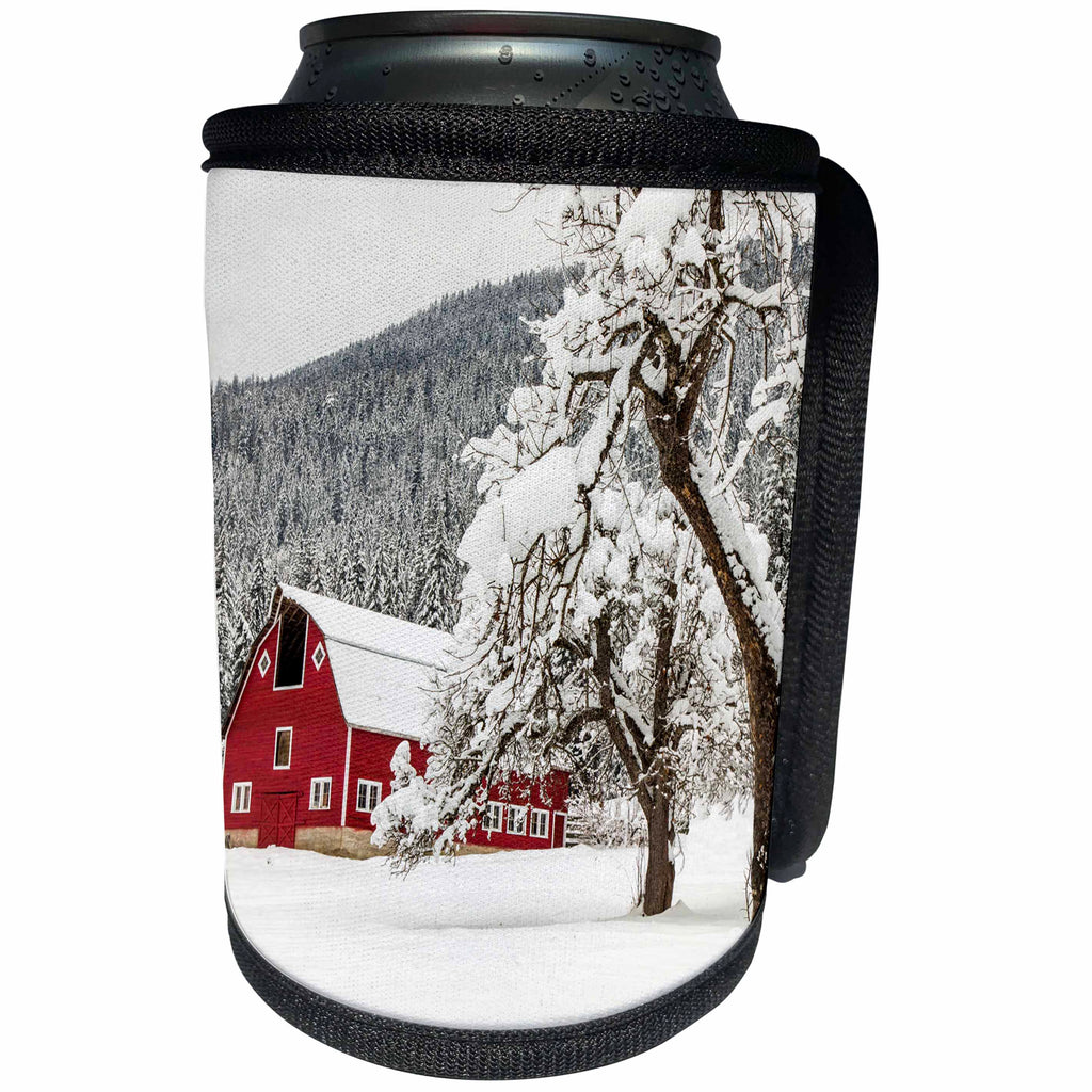 3dRose Danita Delimont - Barns - Fresh snow on red barn near Salmo, British Columbia, Canada. - Can Cooler Bottle Wrap (cc_206245)