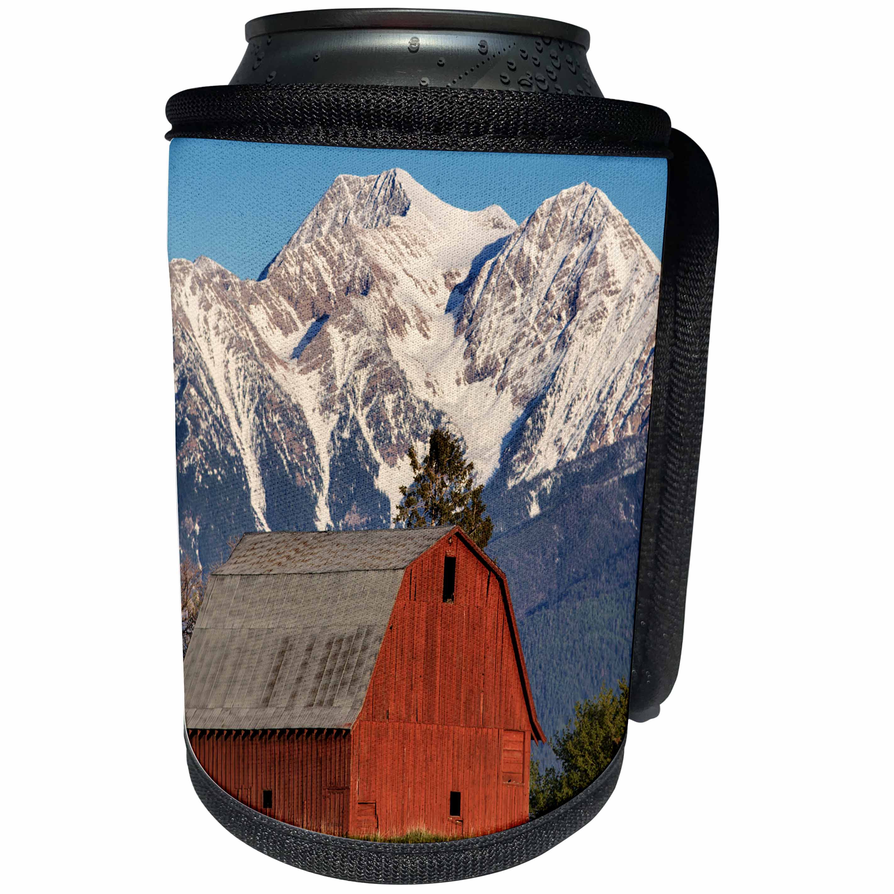 3dRose Danita Delimont - Barns - Red barn sits below McDonald Peak in the Mission Valley, Montana, USA. - Can Cooler Bottle Wrap (cc_206246)