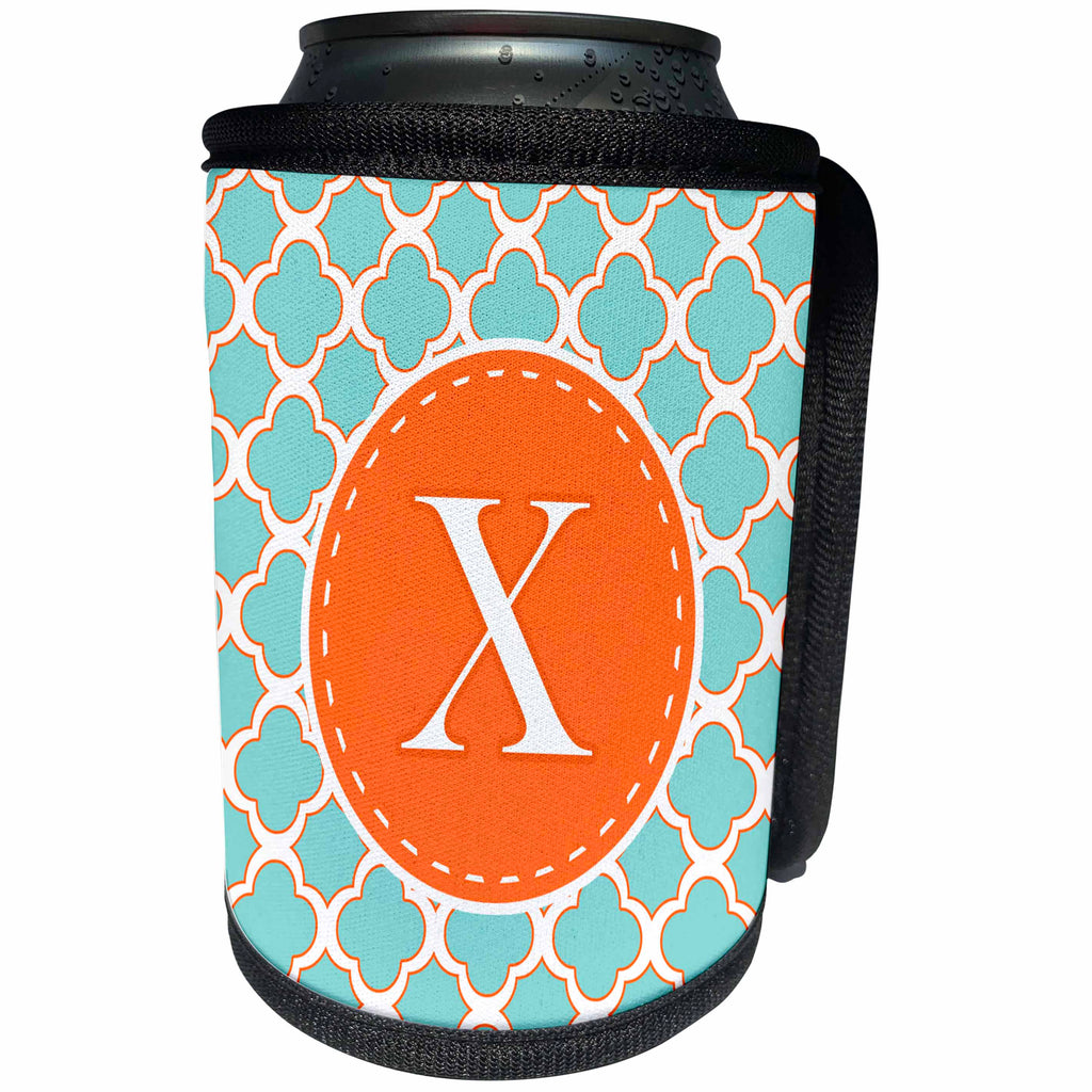 3dRose Janna Salak Designs Monogram Collection - Letter X Monogram Orange and Blue Quatrefoil Pattern - Can Cooler Bottle Wrap (cc_210625)