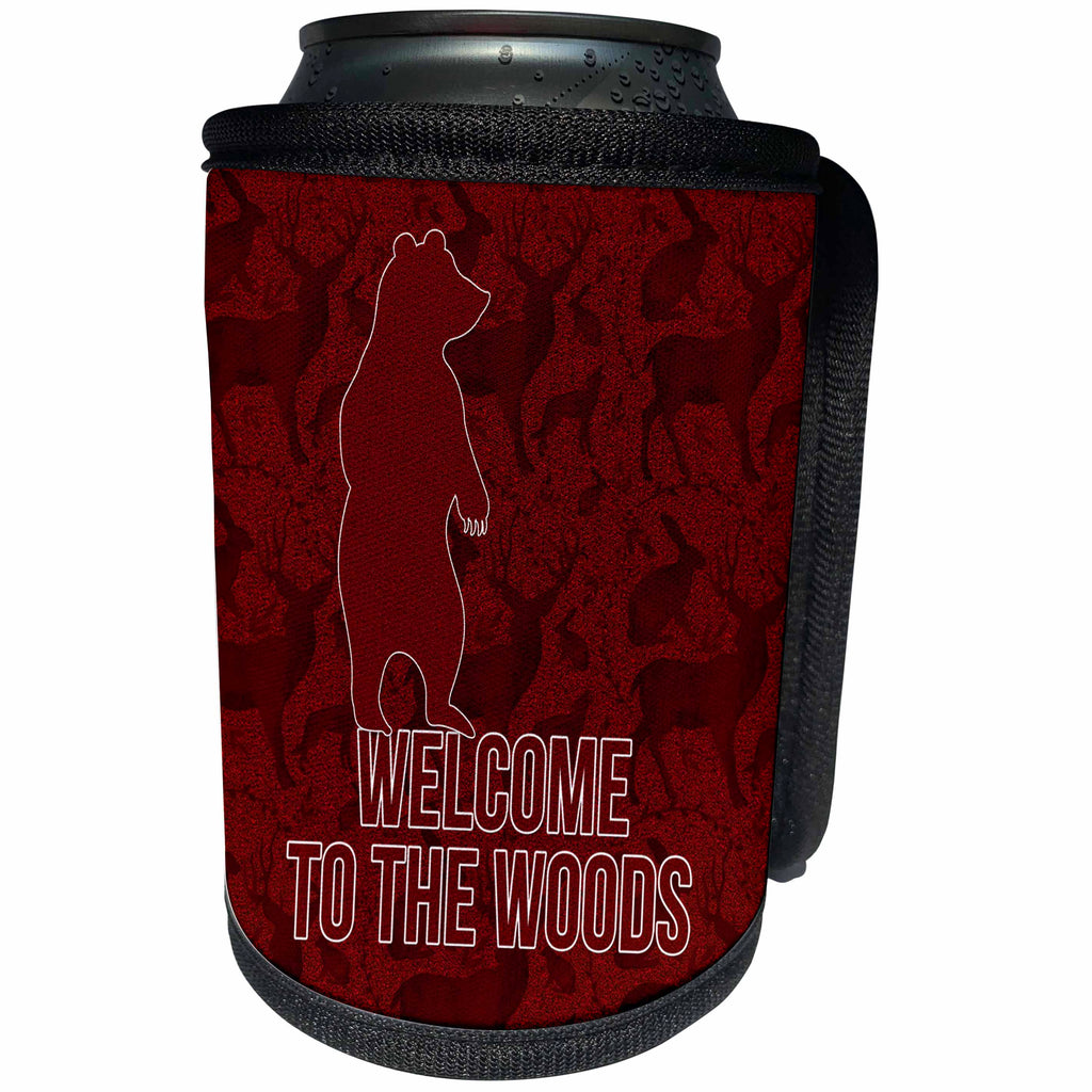 3dRose Doreen Erhardt Wildlife - Welcome to the Woods Bear in Red Scrapbook Style - Can Cooler Bottle Wrap (cc_210631)