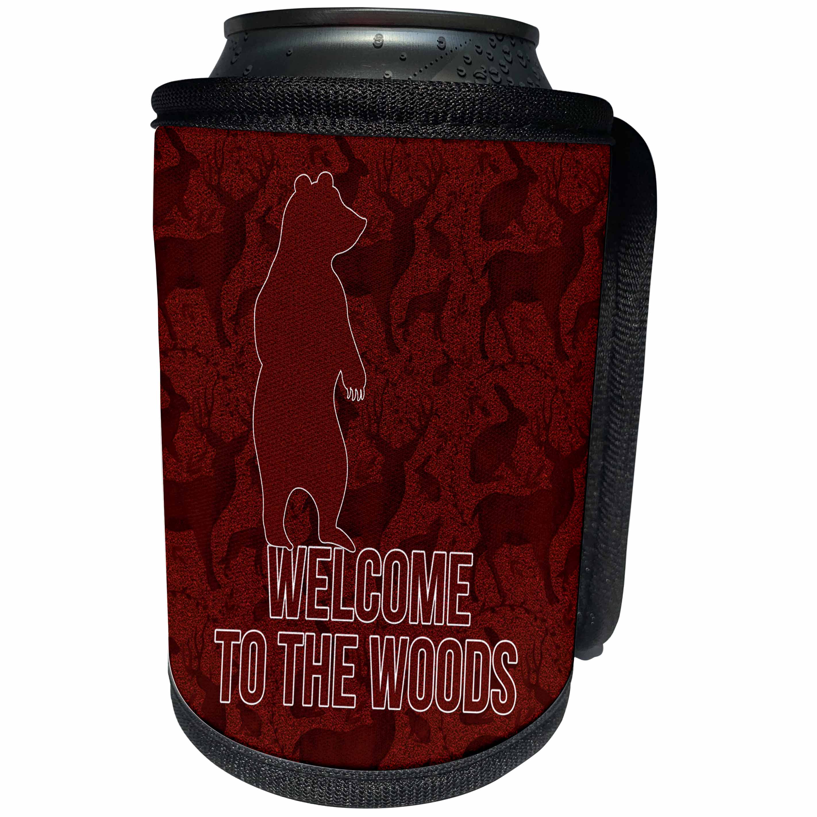 3dRose Doreen Erhardt Wildlife - Welcome to the Woods Bear in Red Scrapbook Style - Can Cooler Bottle Wrap (cc_210631)