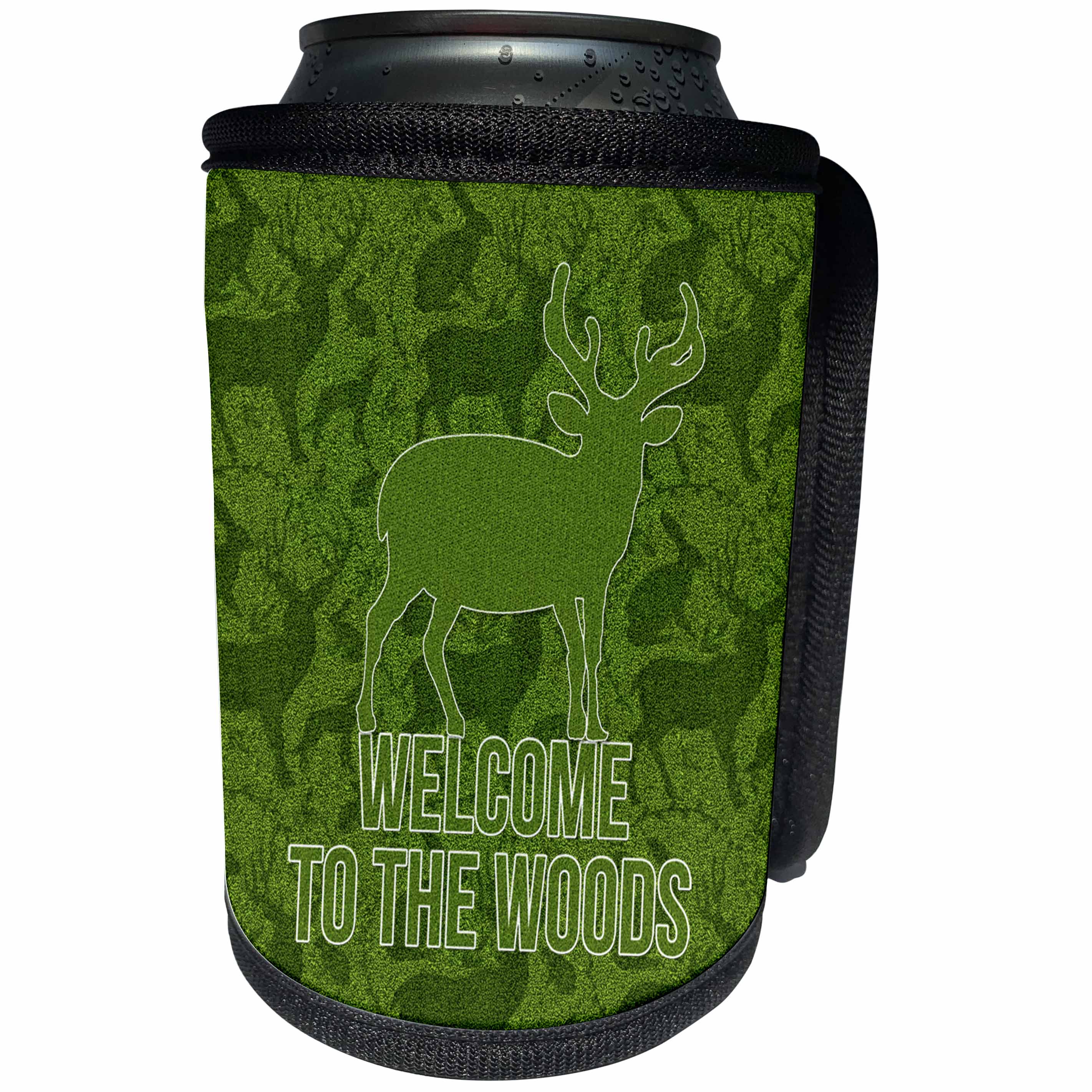3dRose Doreen Erhardt Wildlife - Welcome to the Woods Deer in Green Scrapbook Style - Can Cooler Bottle Wrap (cc_210634)