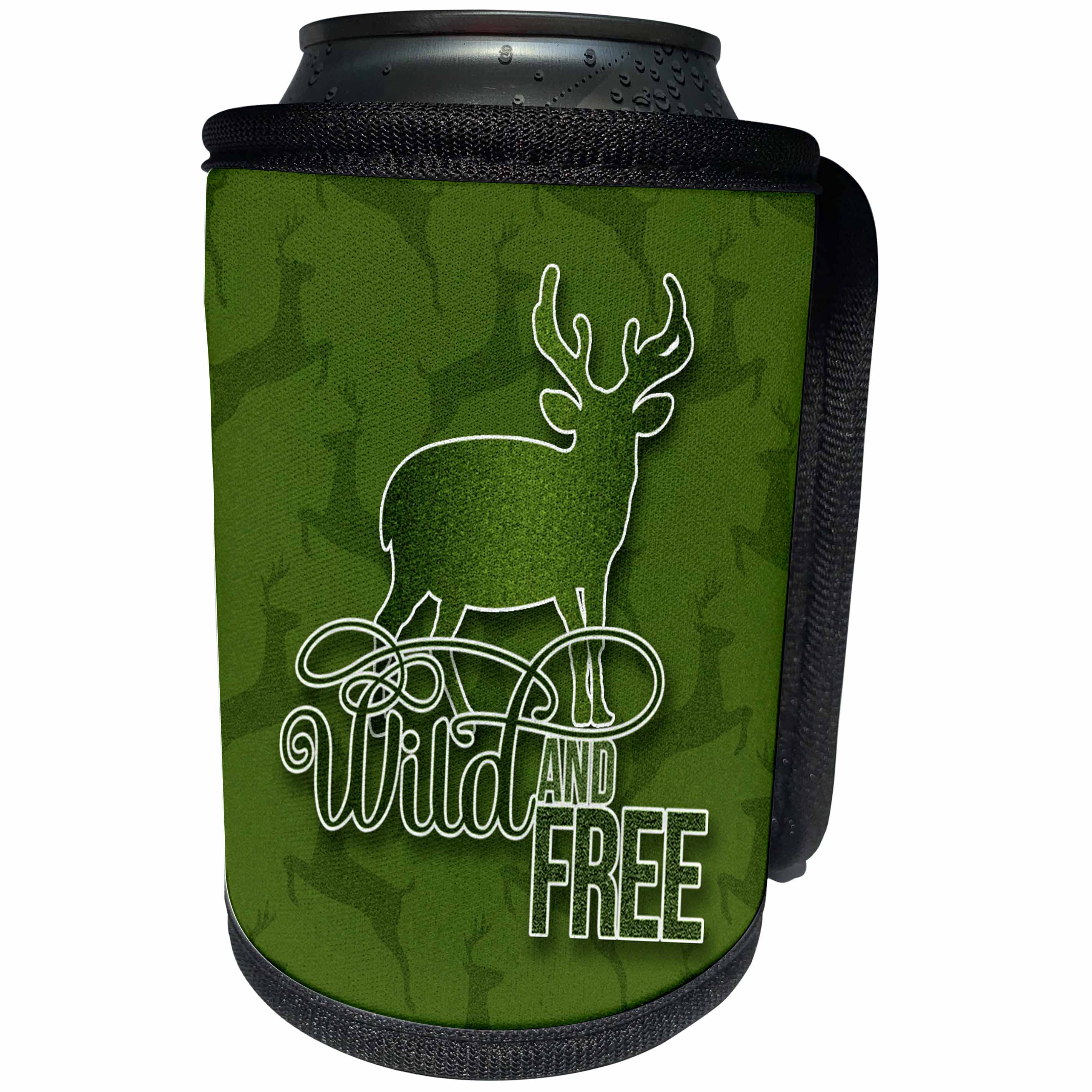3dRose Doreen Erhardt Wildlife - Wild and Free Deer in Green Glitter Look Scrapbook Style - Can Cooler Bottle Wrap (cc_210635)
