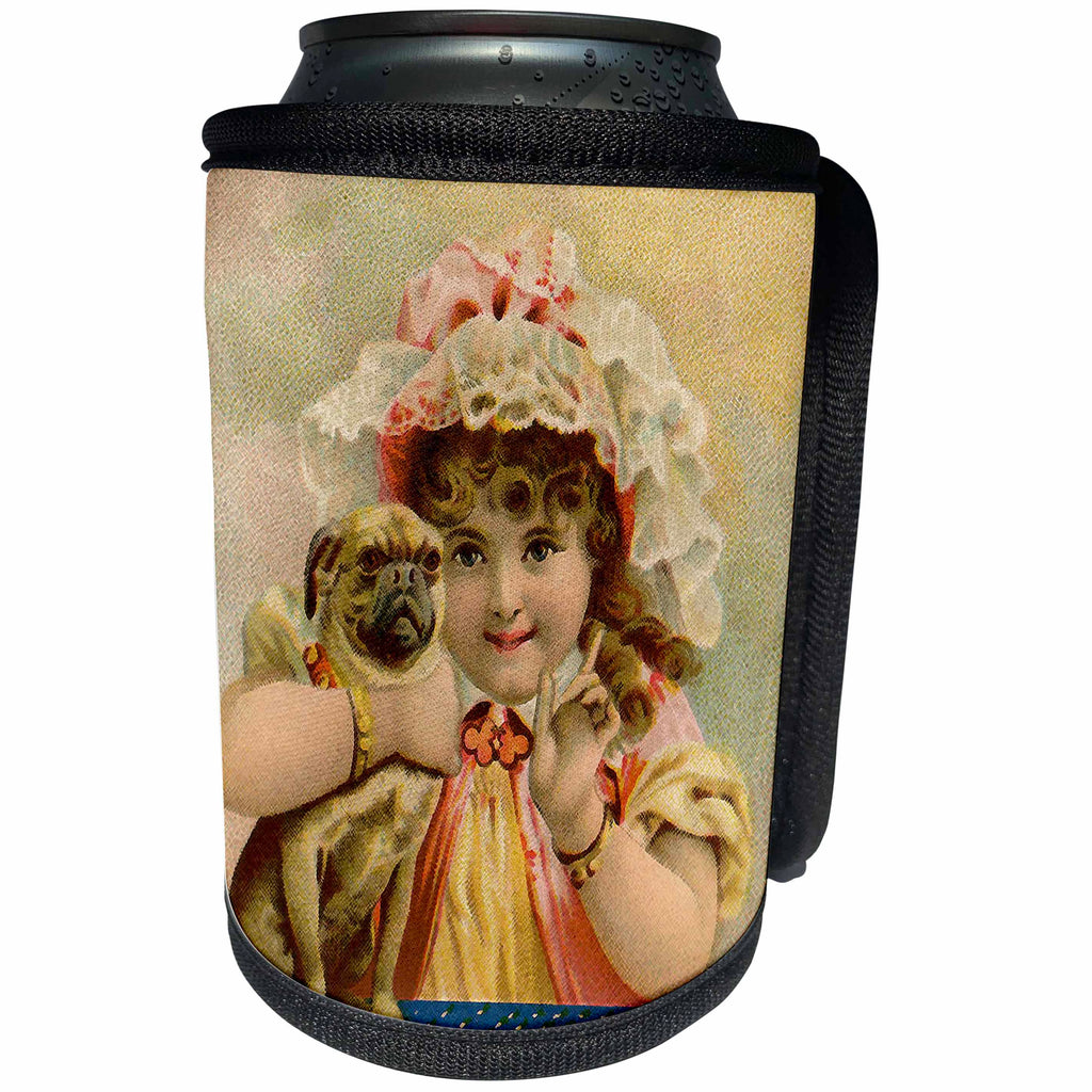3dRose Florene - Victorian Images - Print of Victorian Girl Holding Pug Doggie - Can Cooler Bottle Wrap (cc_212612)