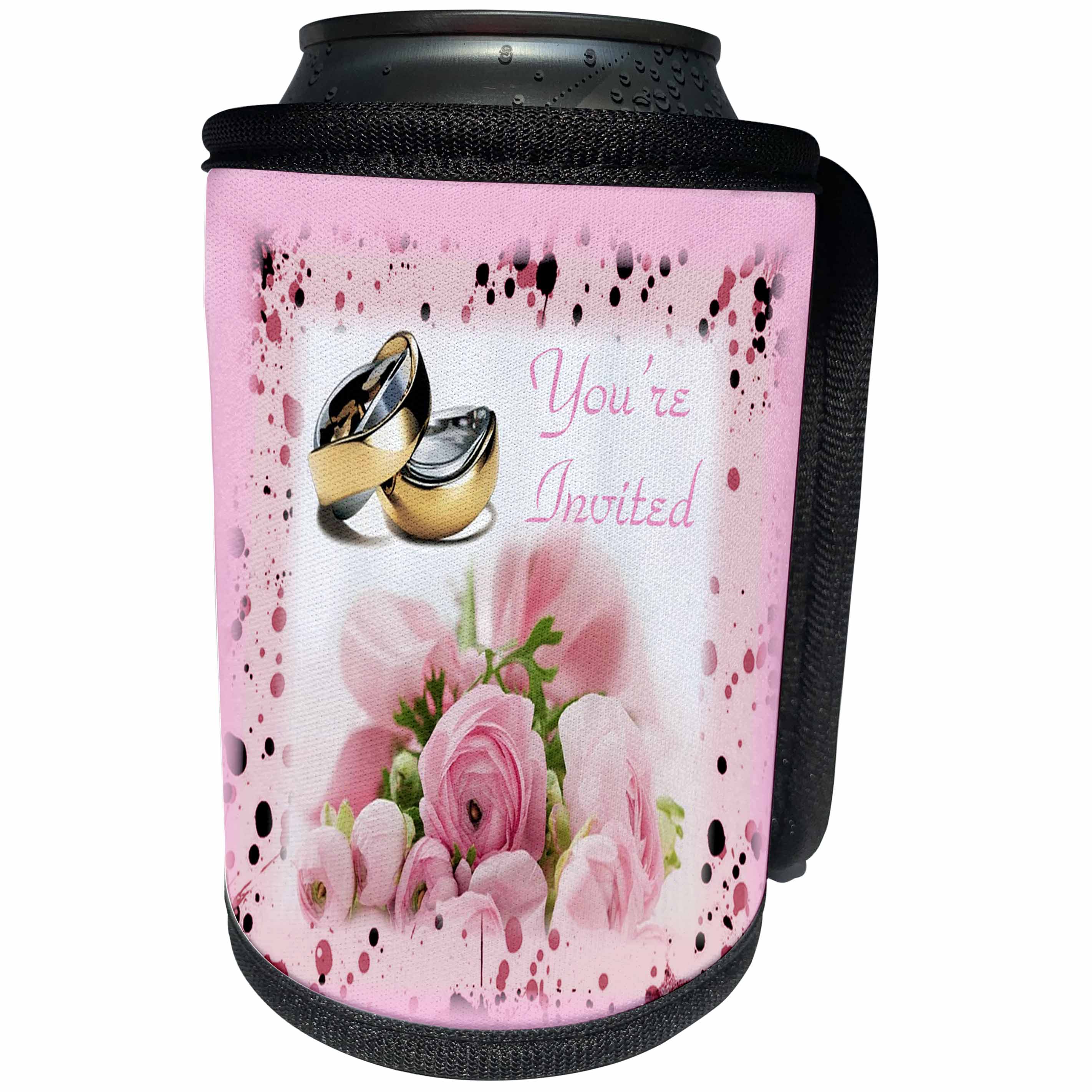 3dRose Florene - Special Events - Print of Wedding Bands Roses And Youre Invited - Can Cooler Bottle Wrap (cc_212625)