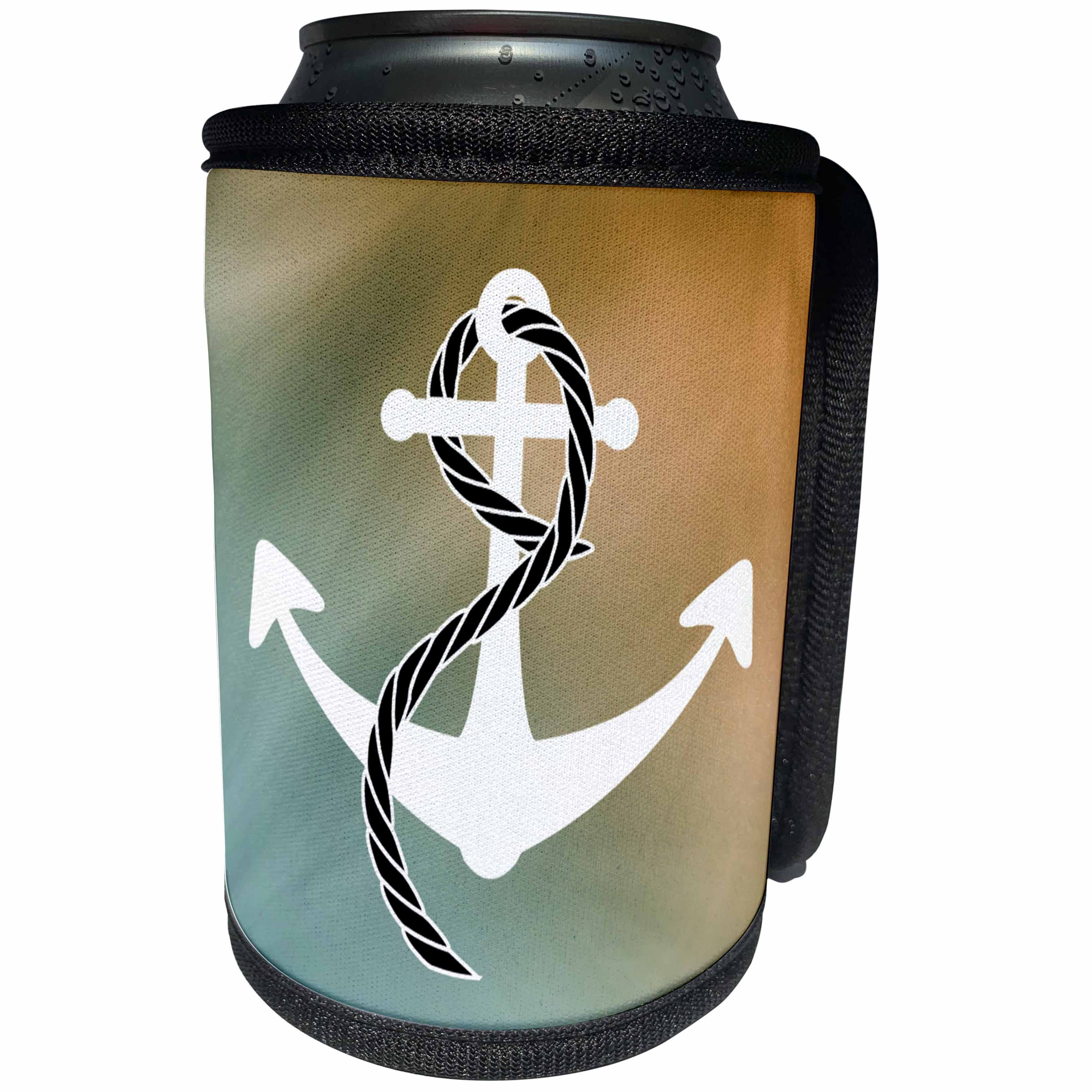 3dRose Florene - Nautical Décor - Print of White Anchor With Rope On Aqua And Amber - Can Cooler Bottle Wrap (cc_212626)