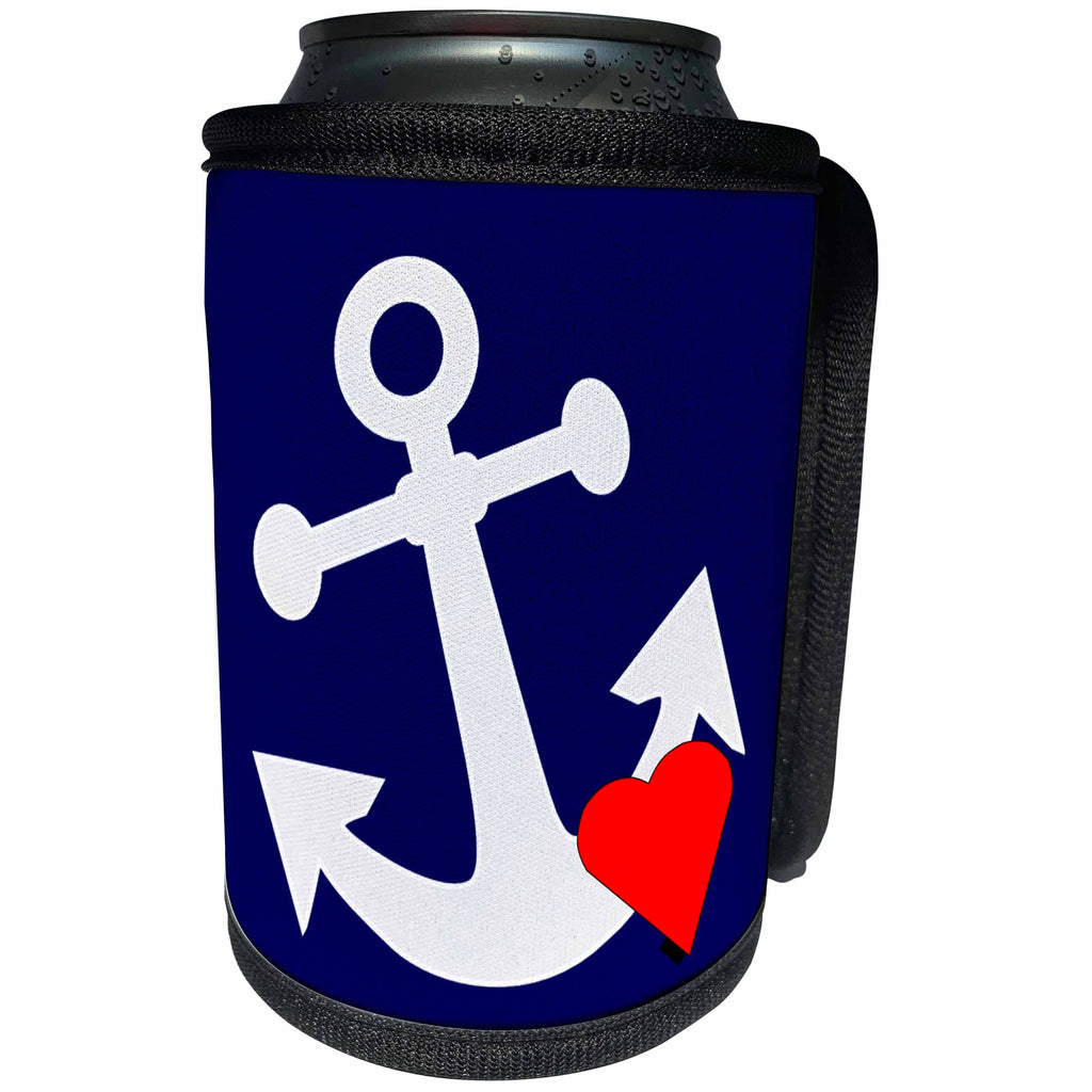 3dRose Florene - Nautical Décor - Print of White Anchor With Heart On Navy - Can Cooler Bottle Wrap (cc_212627)