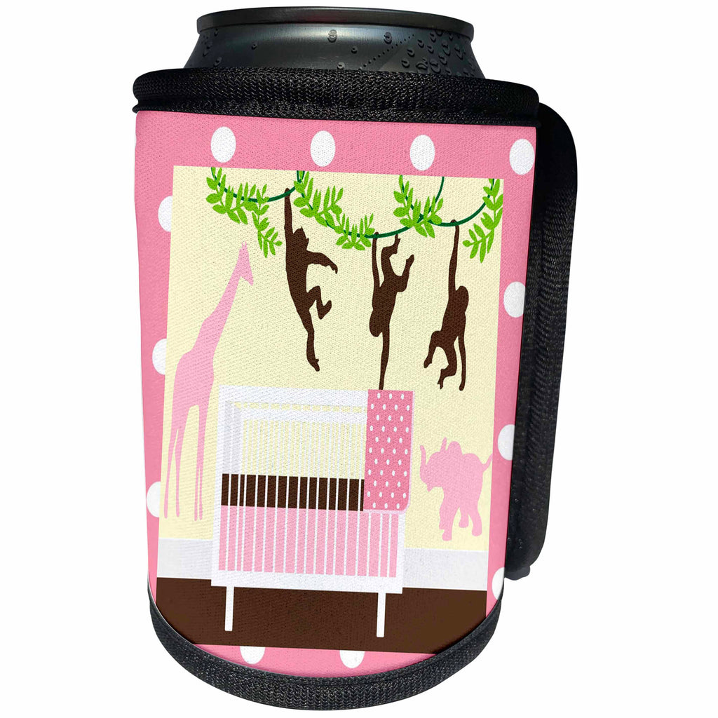 3dRose Florene - Childrens Art IV - Print of Crib And Jungle animals On Pink Dots - Can Cooler Bottle Wrap (cc_212629)