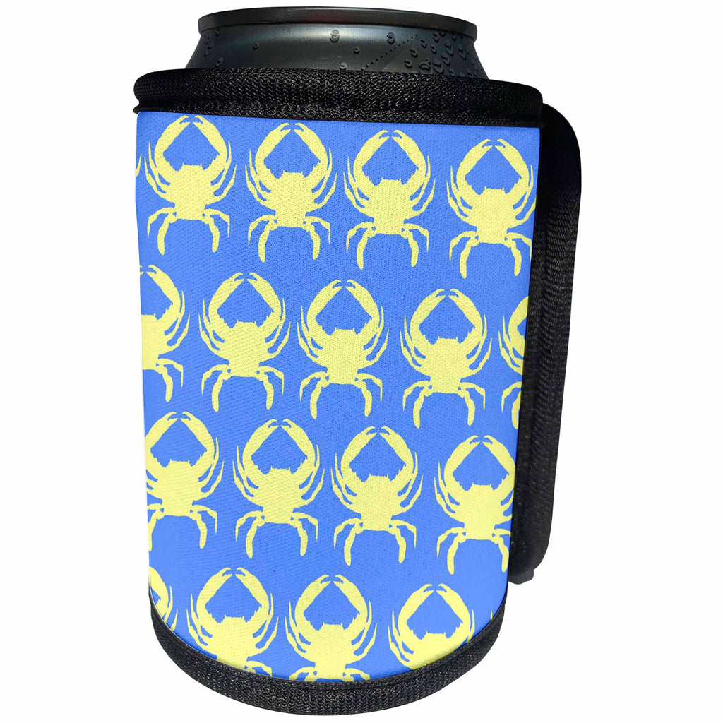 3dRose Florene - Décor III - Print of Yellow Crab Repeat On Blue - Can Cooler Bottle Wrap (cc_212632)