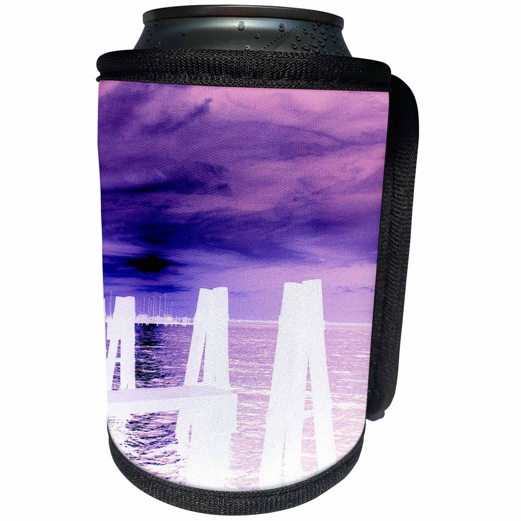 3dRose Florene - Abstract Photography - Print of white Pier Marina With Purple Skies And River - Can Cooler Bottle Wrap (cc_212635)