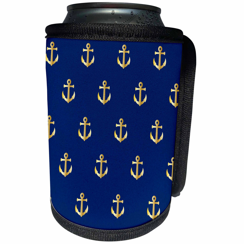 3dRose Florene - Nautical Décor - Print of Gold Anchors On Navy Blue Repeat Pattern - Can Cooler Bottle Wrap (cc_212650)