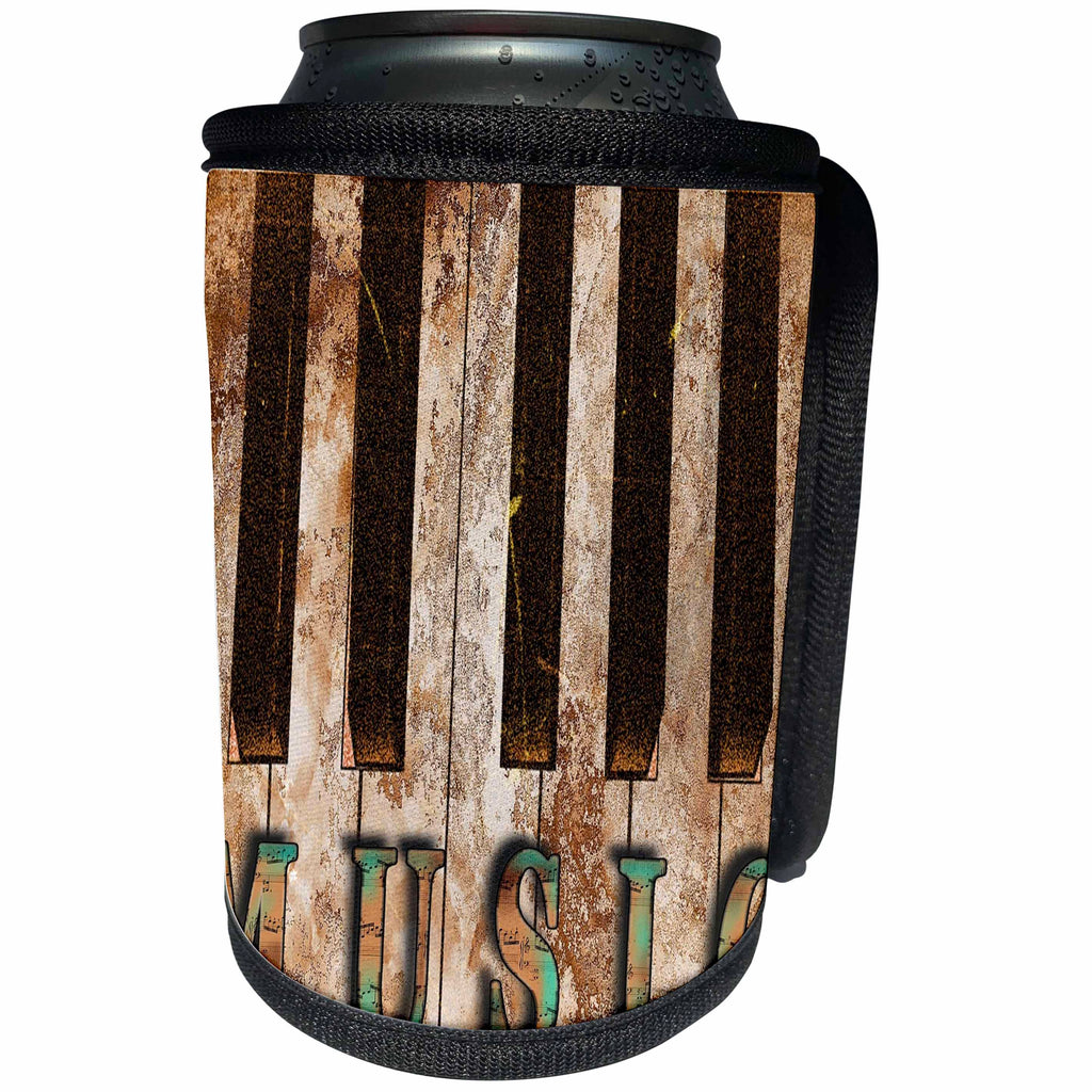 3dRose Florene - Grunge - Print of Piano Keys With Word Music In Grunge - Can Cooler Bottle Wrap (cc_212652)
