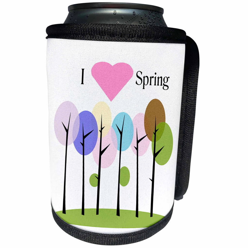 3dRose Florene - Decorative III - Print of Cartoon Trees With I Love Spring - Can Cooler Bottle Wrap (cc_212655)