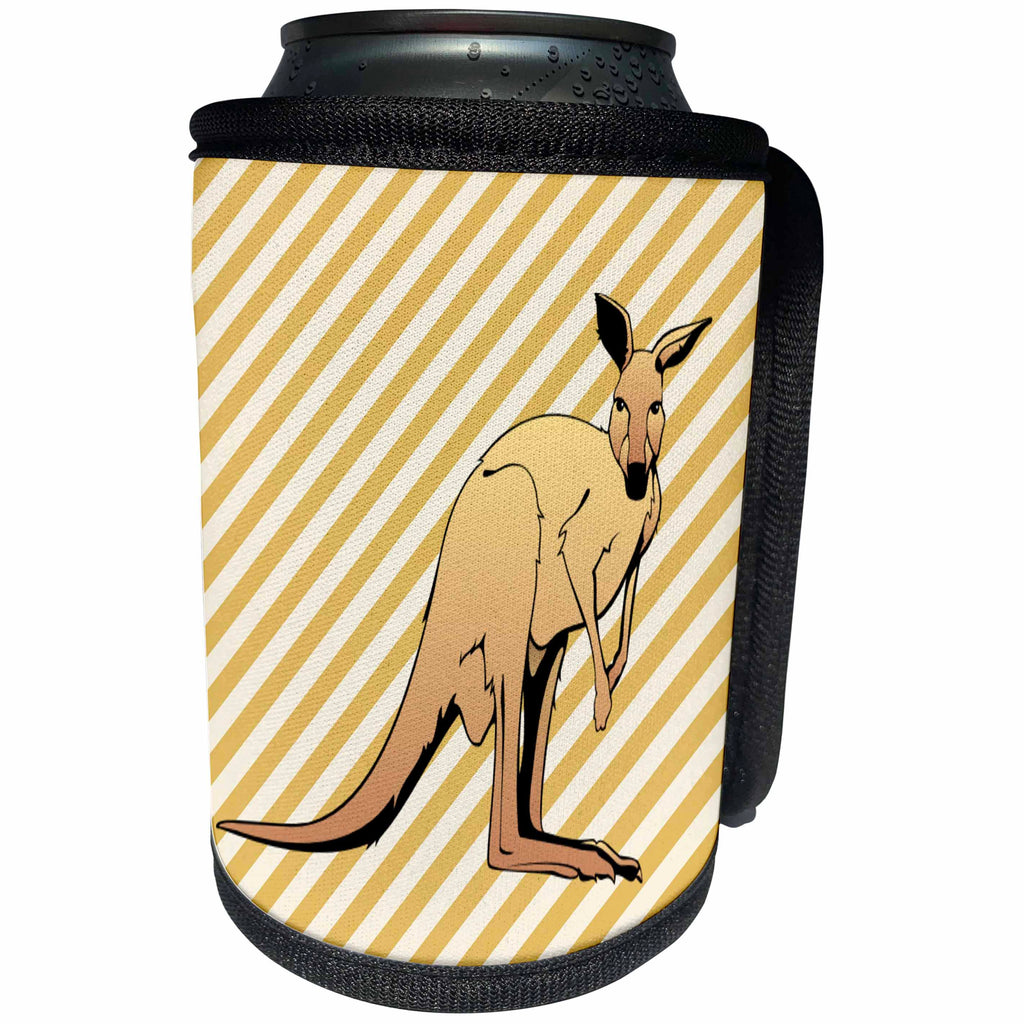 3dRose Florene - Childrens Art IV - Print of Cartoon Kangaroo On Tan Stripes - Can Cooler Bottle Wrap (cc_212656)