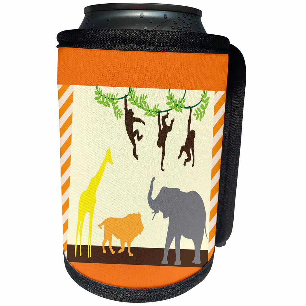 3dRose Florene - Childrens Art IV - Print of Jungle Animals With Orange Stripes Border - Can Cooler Bottle Wrap (cc_212662)