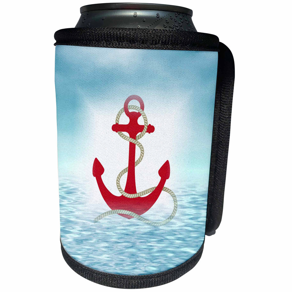 3dRose Florene - Nautical Décor - Print of Red Anchor With Rope In Water - Can Cooler Bottle Wrap (cc_212664)