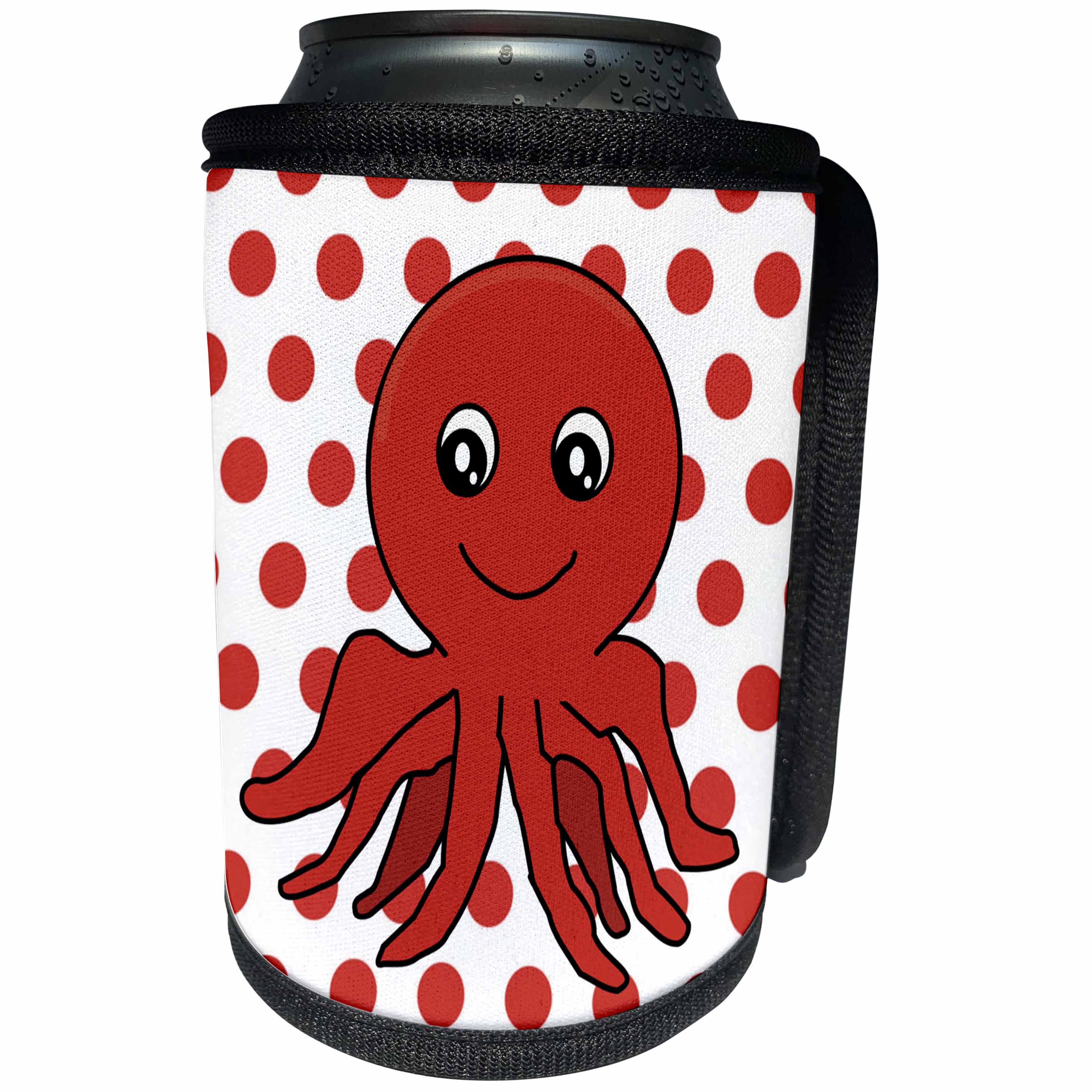 3dRose Florene - Childrens Art IV - Print of Red Octopus On Red Dots - Can Cooler Bottle Wrap (cc_212666)