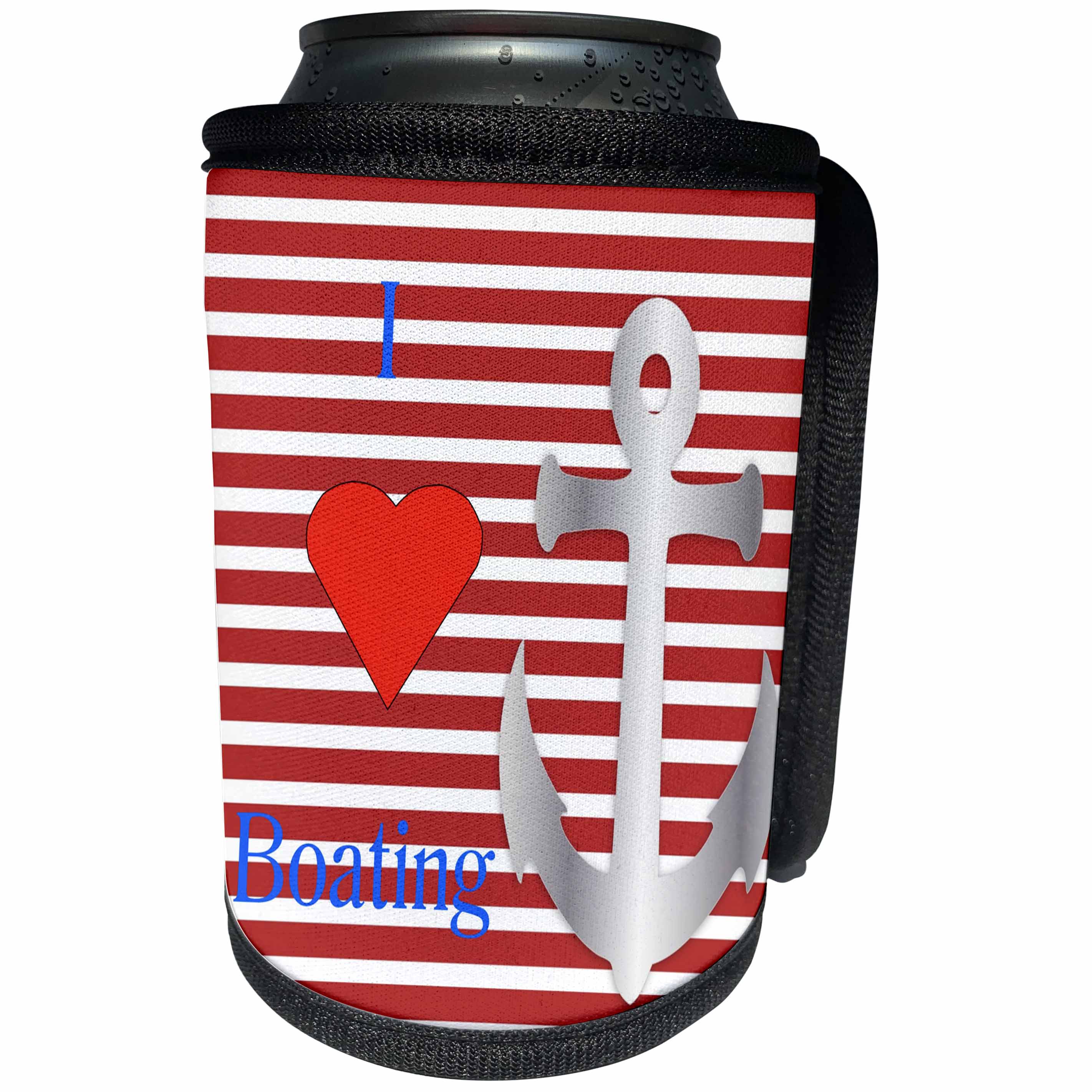 3dRose Florene - Nautical Décor - Print of I Love boating On Red Stripes With Anchor - Can Cooler Bottle Wrap (cc_212672)