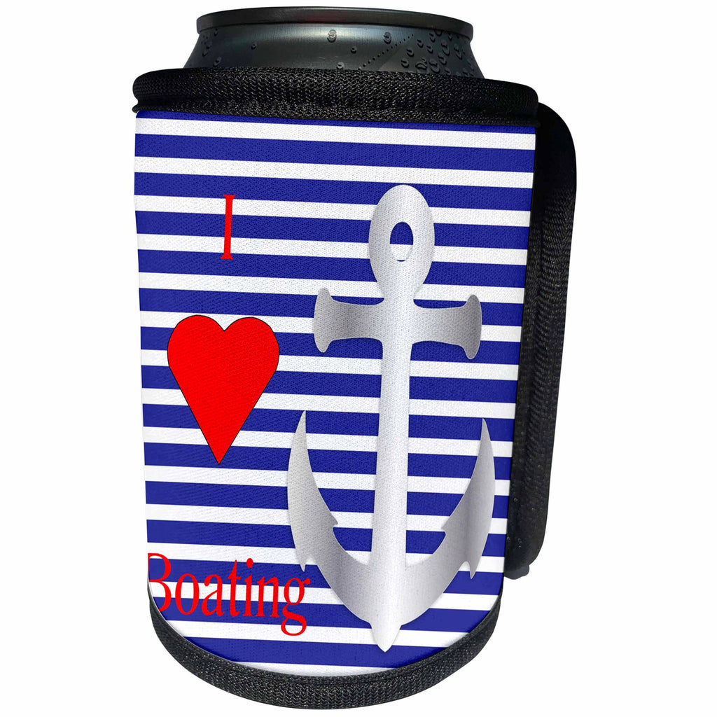 3dRose Florene - Nautical Décor - Print off I Love boating On Blue Stripes With Anchor - Can Cooler Bottle Wrap (cc_212673)