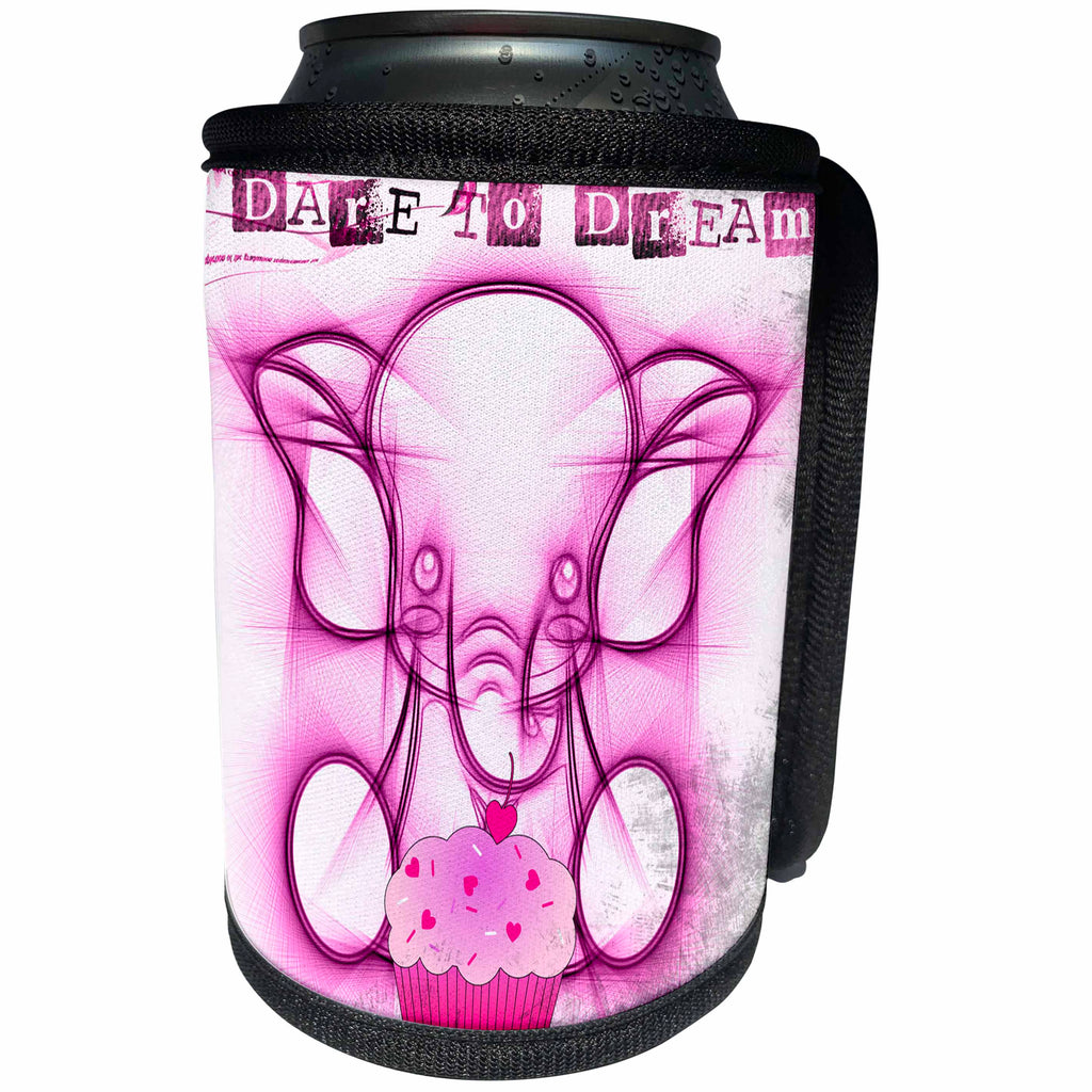 3dRose Spiritual Awakenings-Animals - Dare to dream pink elephant and cupcake art - Can Cooler Bottle Wrap (cc_214637)