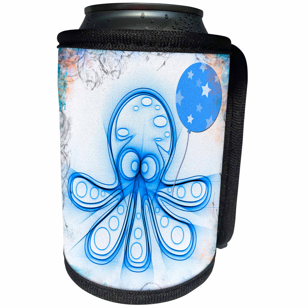 3dRose Spiritual Awakenings-Animals - Our blue octopus and balloon fun art with pretty floral frame - Can Cooler Bottle Wrap (cc_214638)