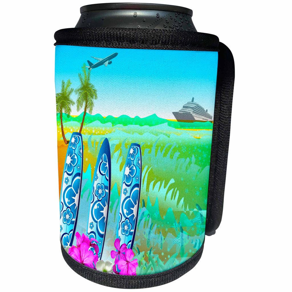 3dRose Spiritual Awakenings-Surfing - Hawaiian beach, surfboards, a cruise ship and jet fun art - Can Cooler Bottle Wrap (cc_214641)