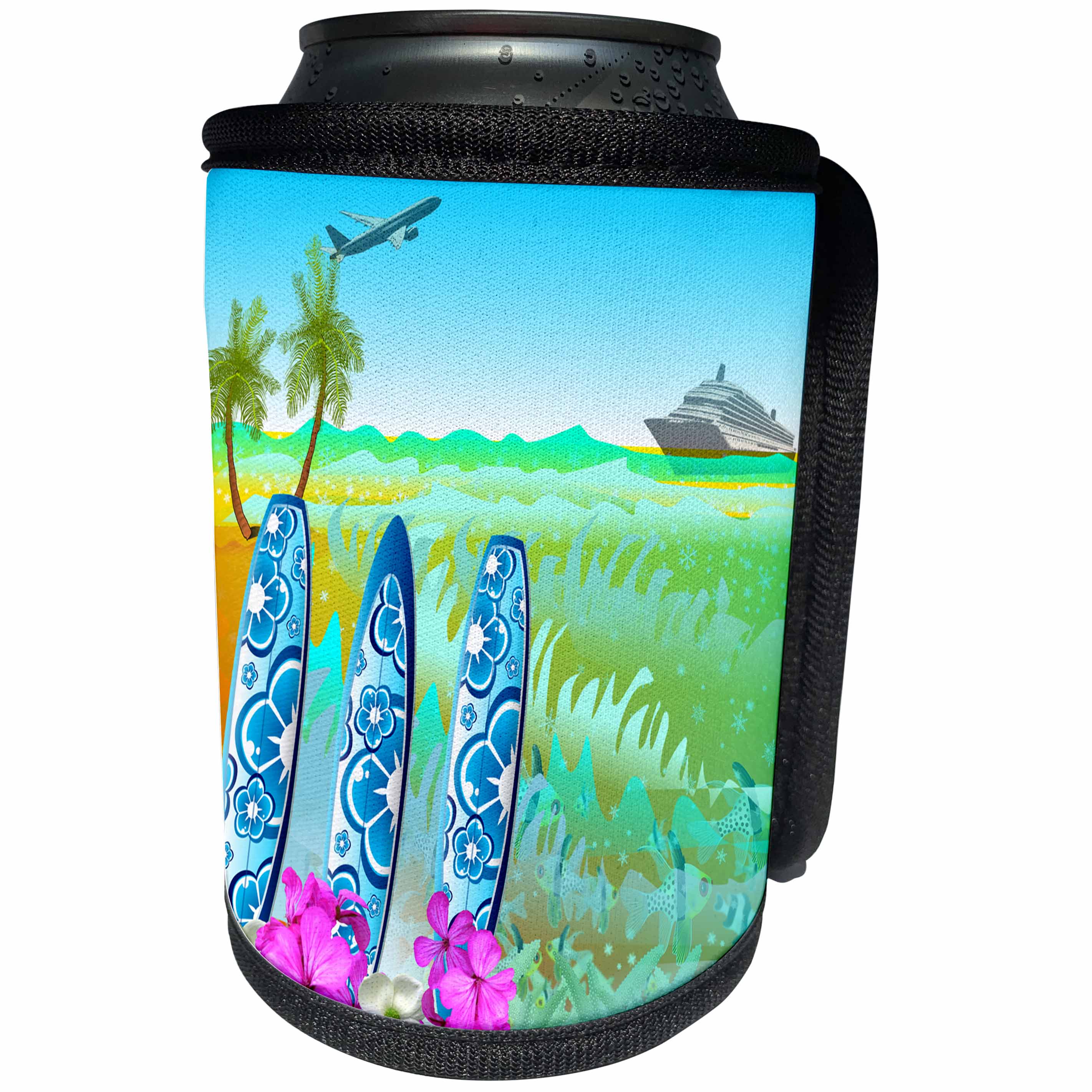 3dRose Spiritual Awakenings-Surfing - Hawaiian beach, surfboards, a cruise ship and jet fun art - Can Cooler Bottle Wrap (cc_214641)