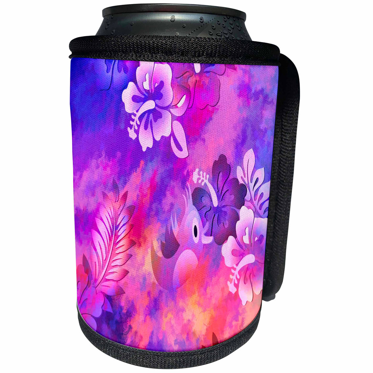 3dRose Spiritual Awakenings-Floral - Hibiscus flowers and cute bird in beautiful purples and magenta - Can Cooler Bottle Wrap (cc_214642)