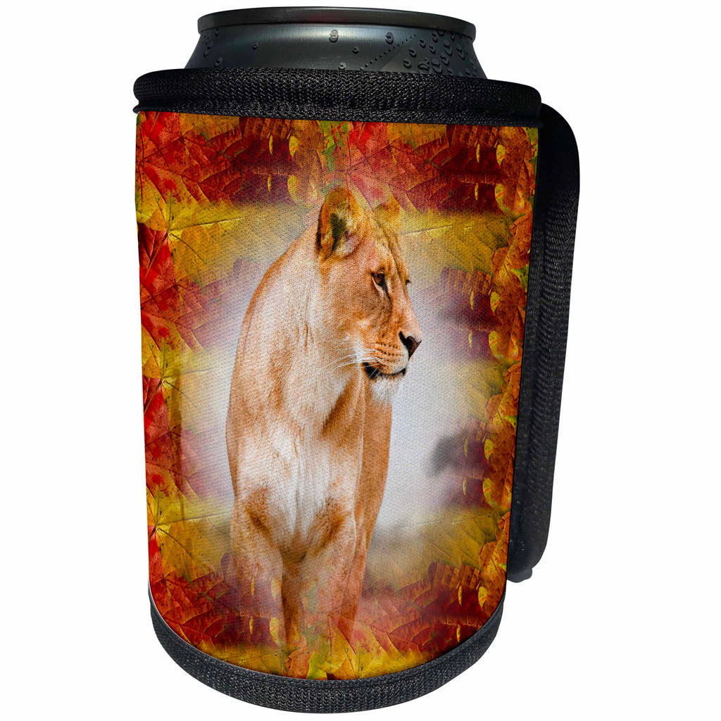 3dRose Spiritual Awakenings-Animals - Female lion with fall leaves background - Can Cooler Bottle Wrap (cc_214644)