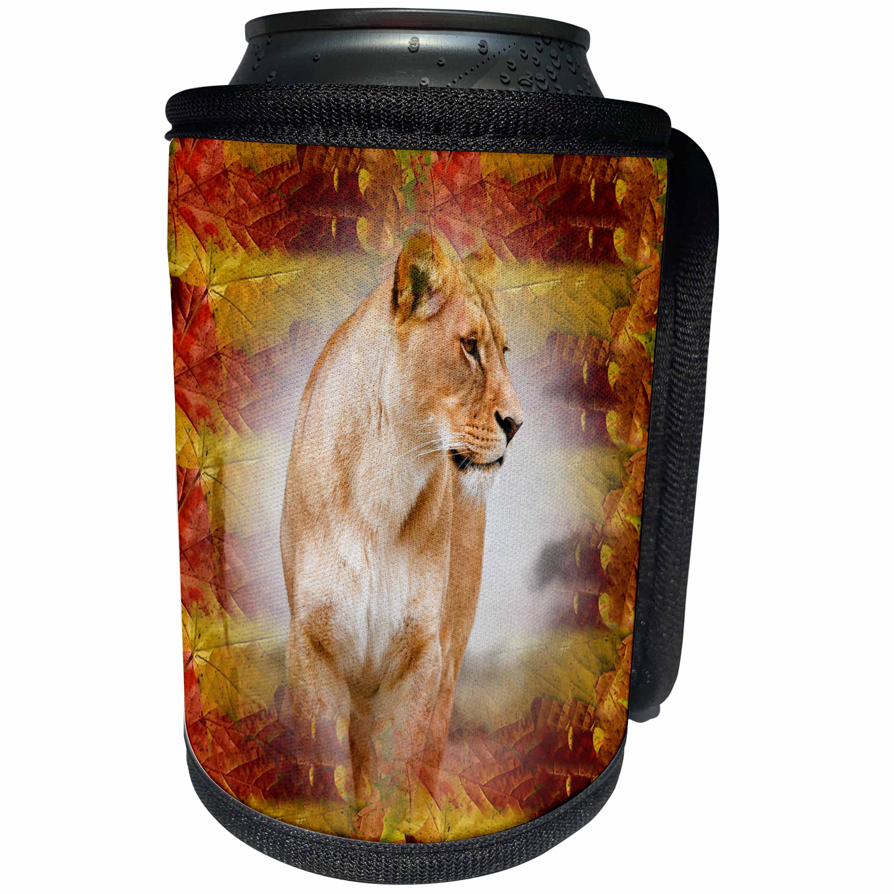 3dRose Spiritual Awakenings-Animals - Female lion with fall leaves background - Can Cooler Bottle Wrap (cc_214644)