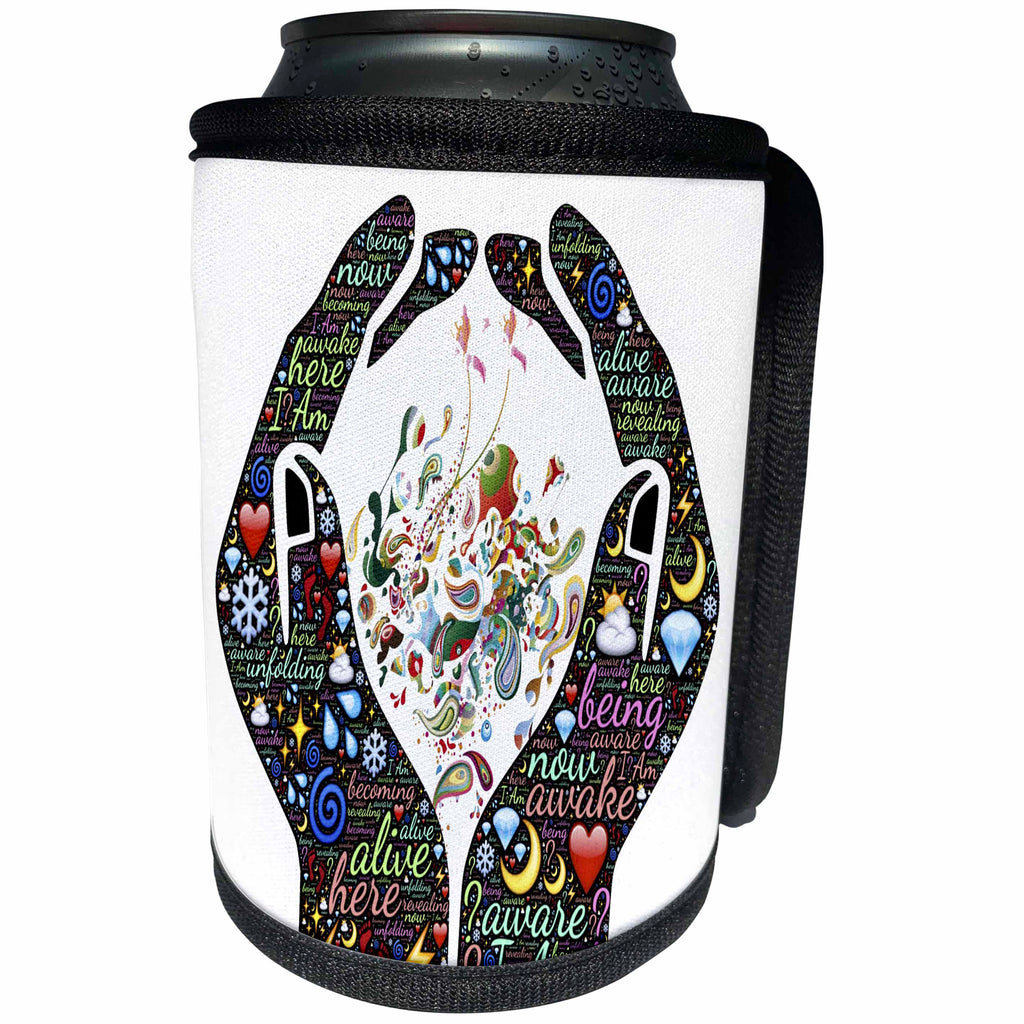 3dRose Spiritual Awakenings-Sayings and Slogans - Motivational cupped hands with sayings and flowers and accents - Can Cooler Bottle Wrap (cc_214649)