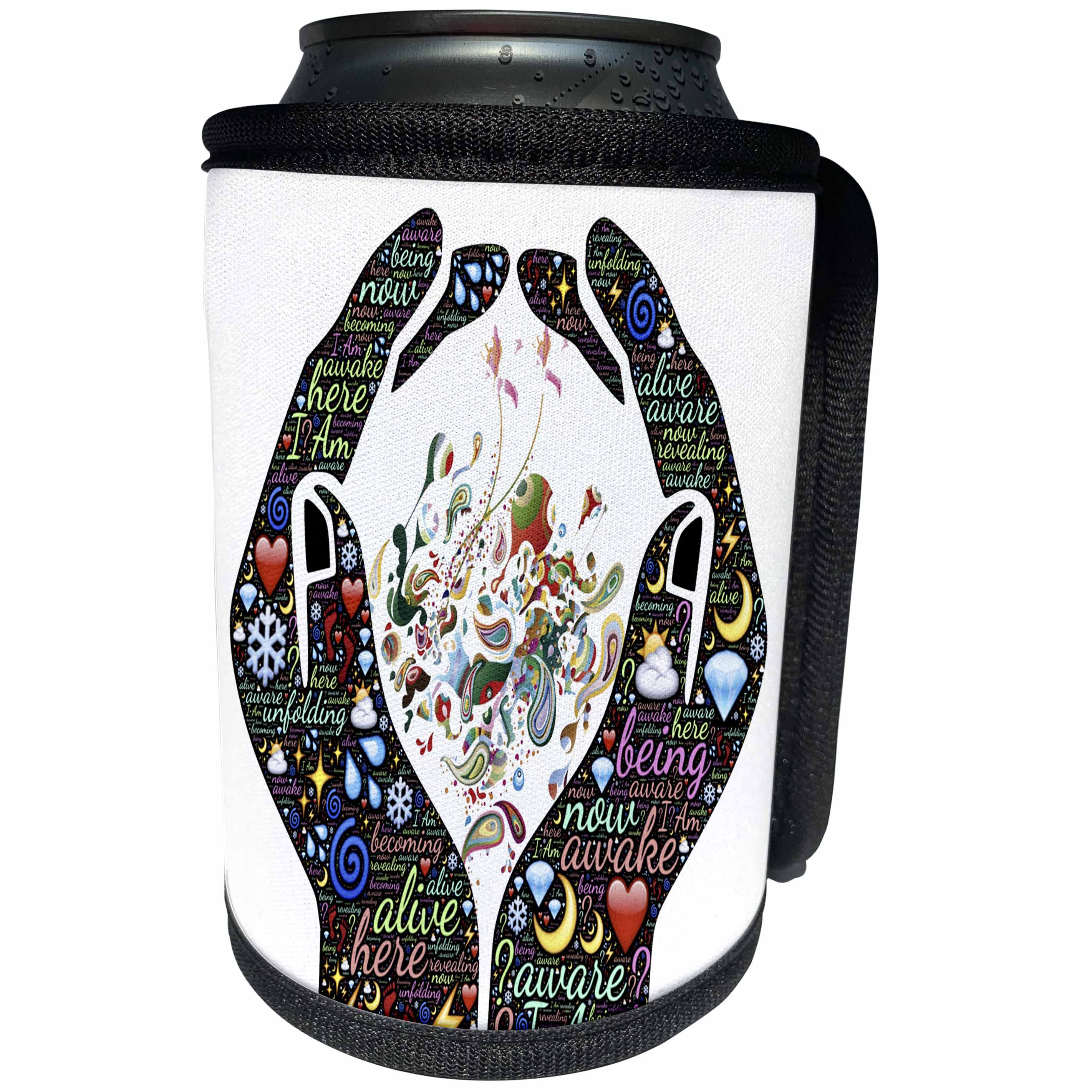 3dRose Spiritual Awakenings-Sayings and Slogans - Motivational cupped hands with sayings and flowers and accents - Can Cooler Bottle Wrap (cc_214649)