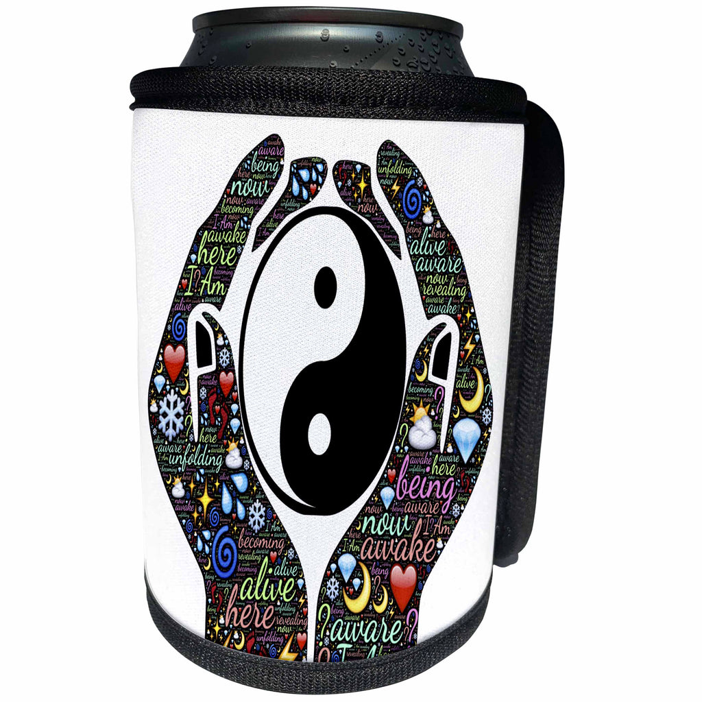 3dRose Spiritual Awakenings-Sayings and Slogans - Motivational cupped hands with sayings and yin and yang sign - Can Cooler Bottle Wrap (cc_214650)