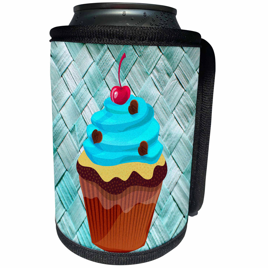 3dRose Spiritual Awakenings-Food - Basket weave background and blue cupcake and cherry - Can Cooler Bottle Wrap (cc_214653)